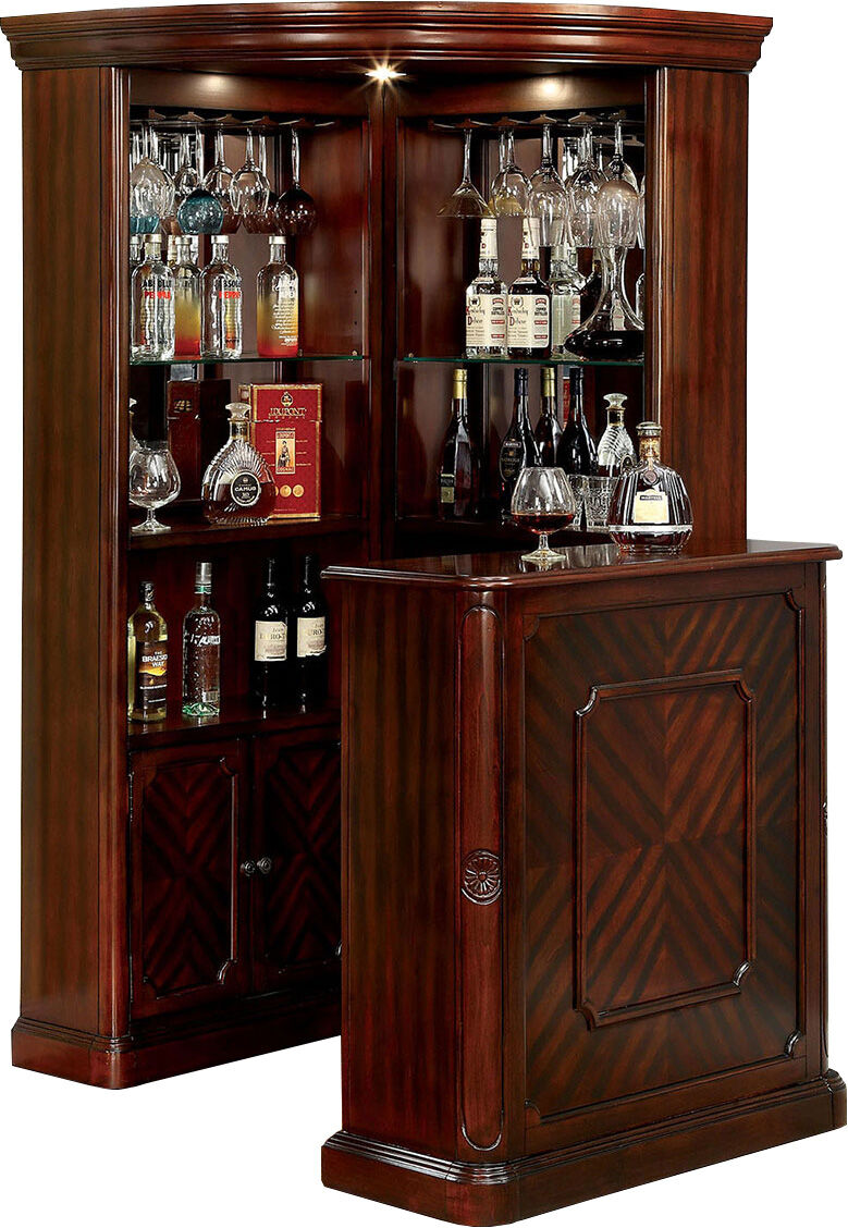 Elegant bar in cherry finish on white background, fully stocked