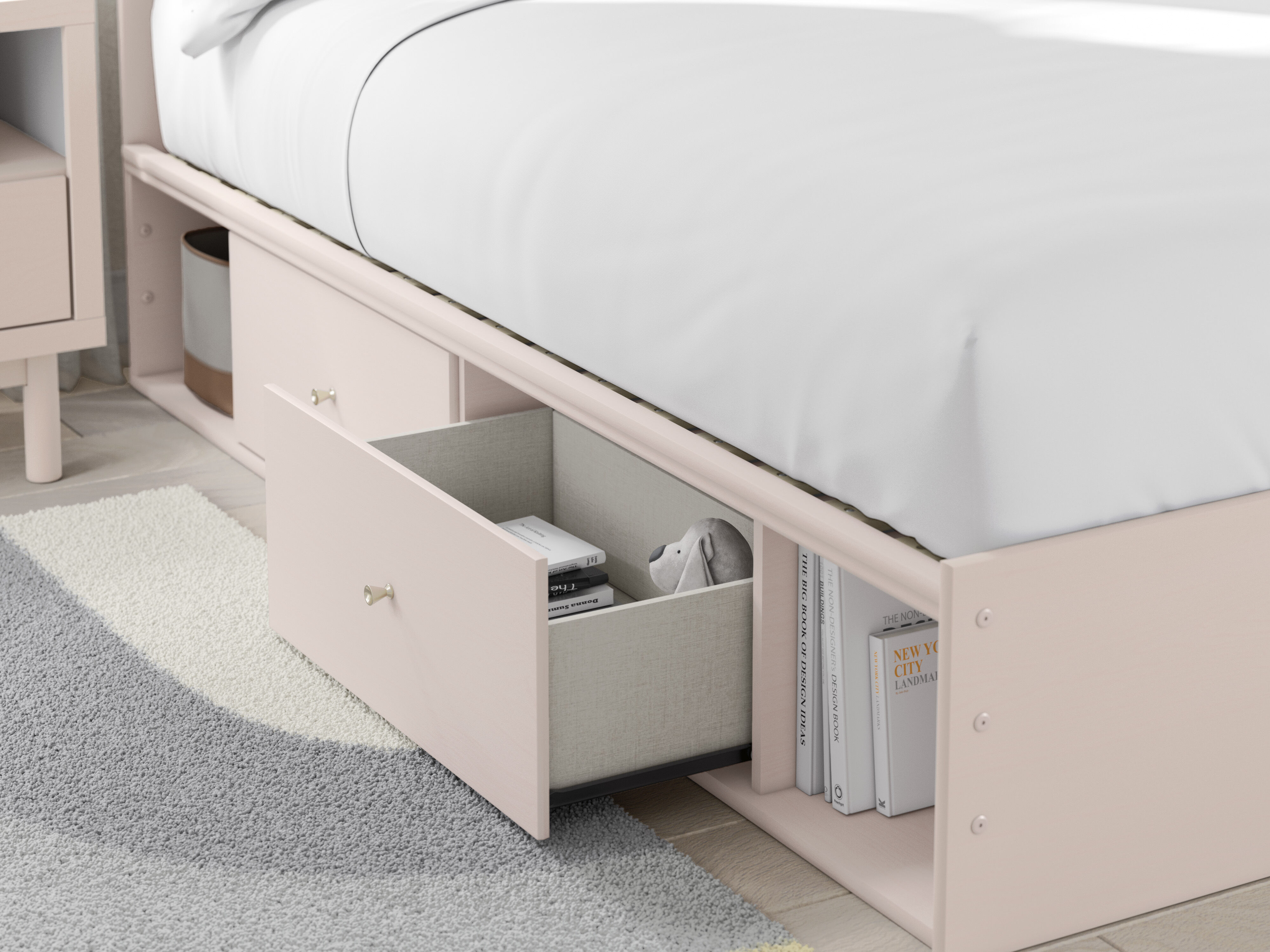 pink bed with underbed storage drawers