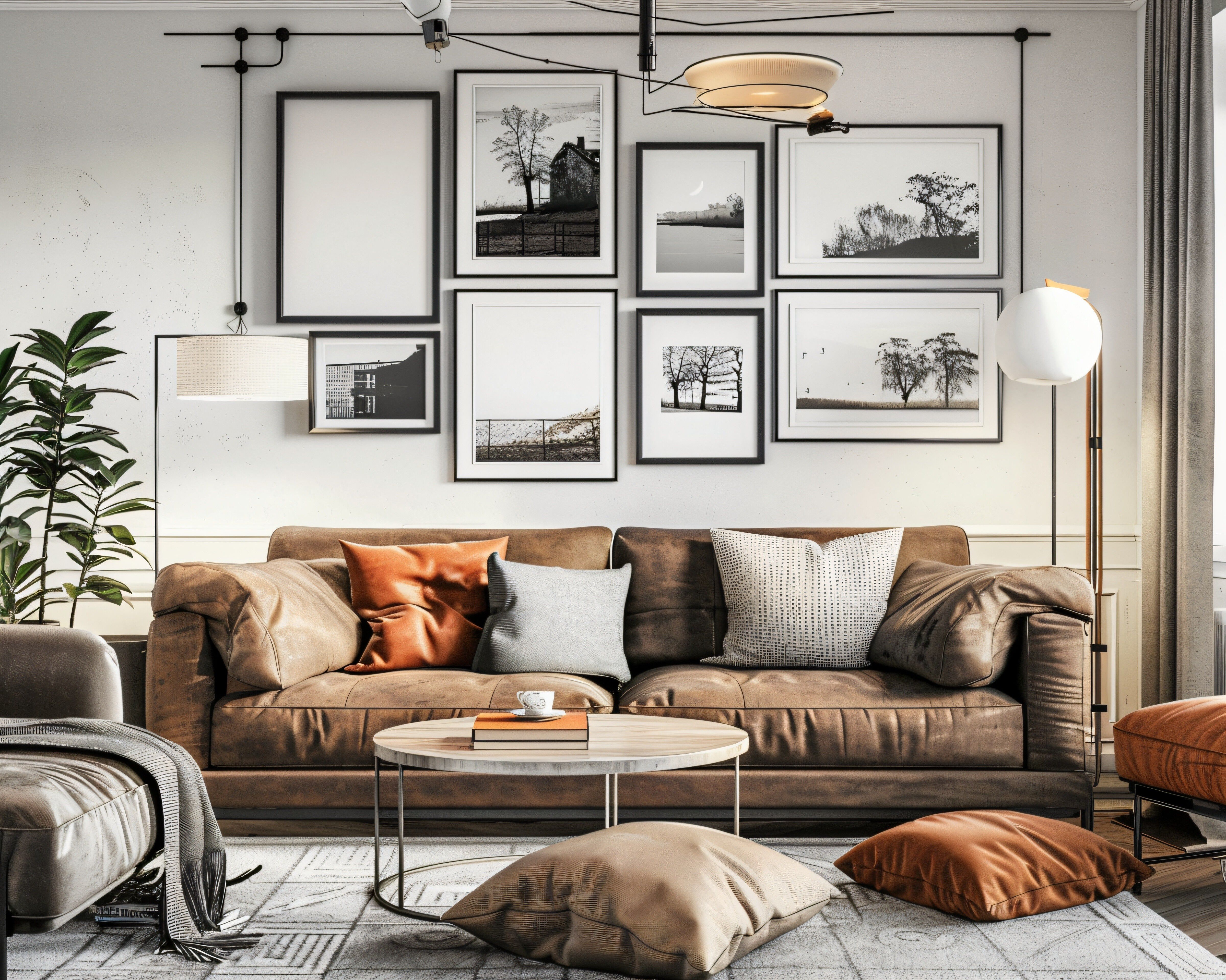 Warm with living room with leather sofa and gallery wall