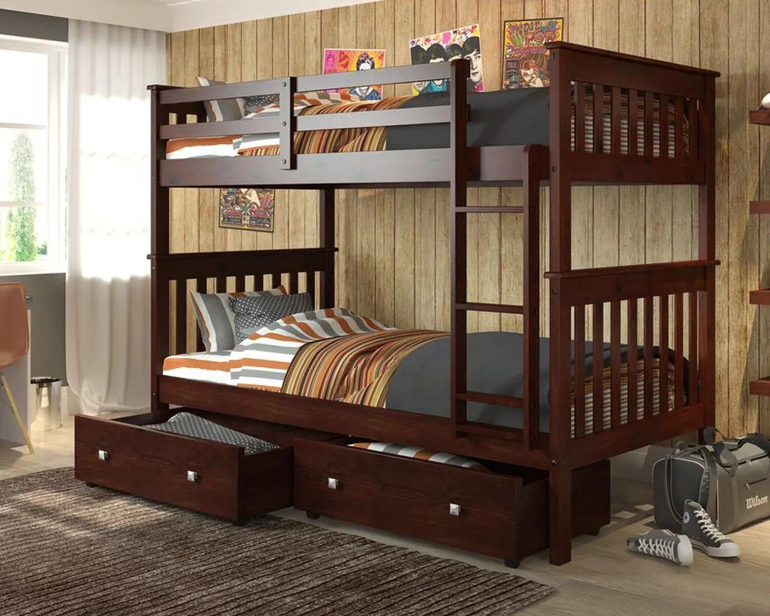 Bunk beds for kids in a rustic bedroom