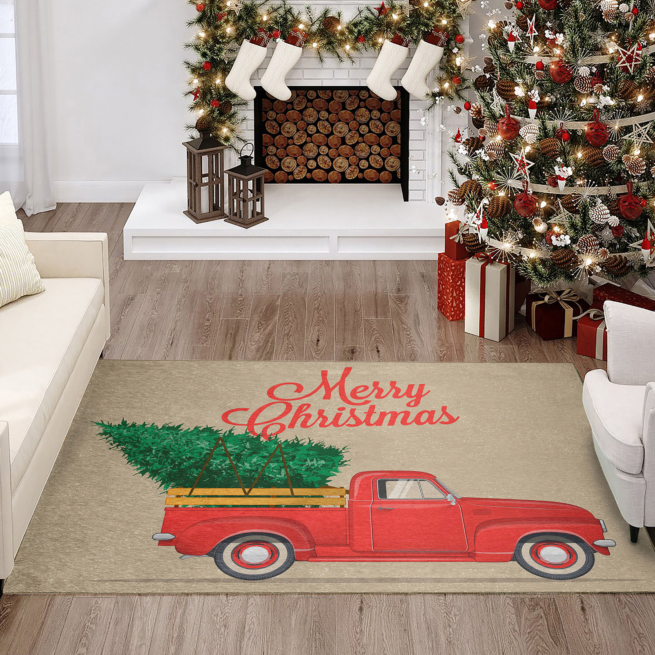 Merry Christmas rug with vintage red pickup truck with tree in back 