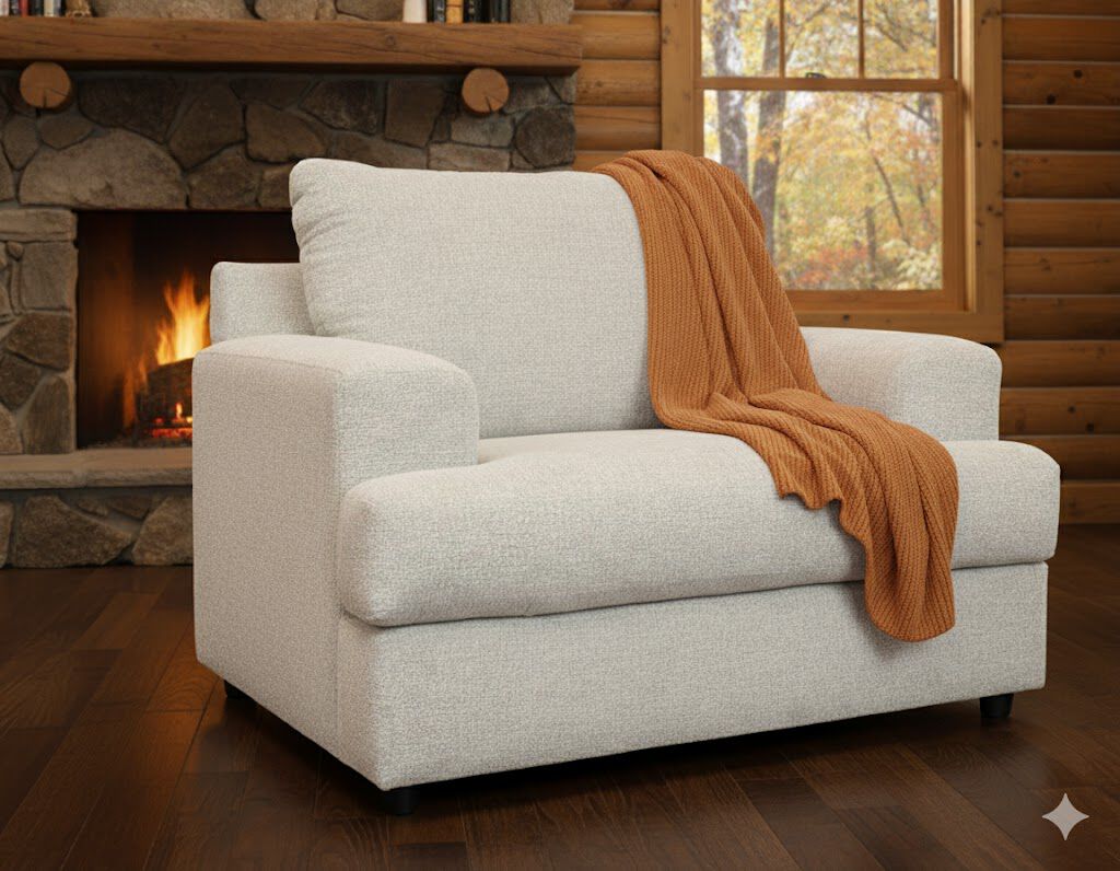 Ivory chair in cabin with gold throw