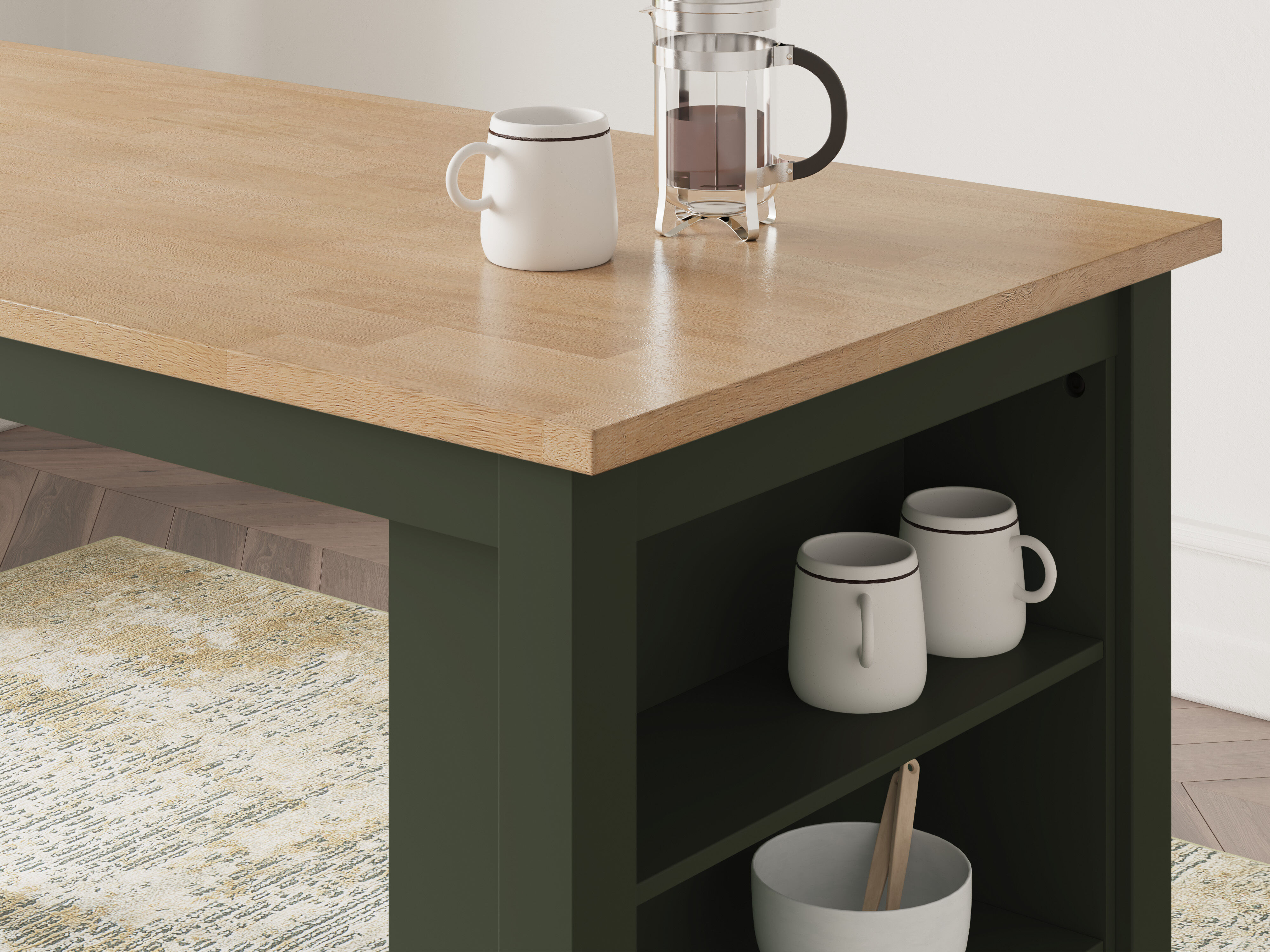 Small kitchen table with side shelf for storage in pine green with neutral wood top