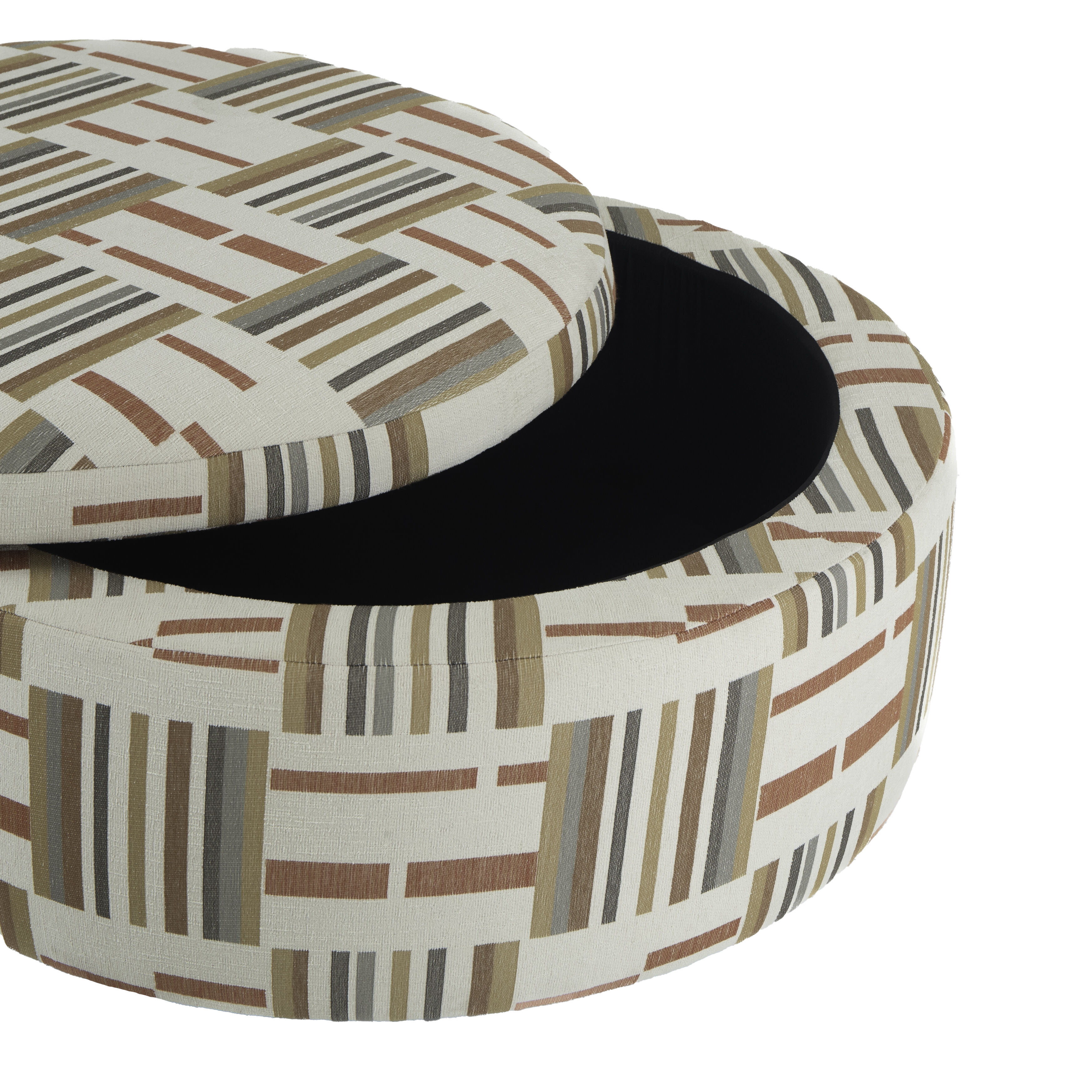 Colorful round storage ottoman with varying stipe patterns