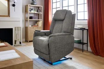 Gray power lift recliner for easy exit and stand