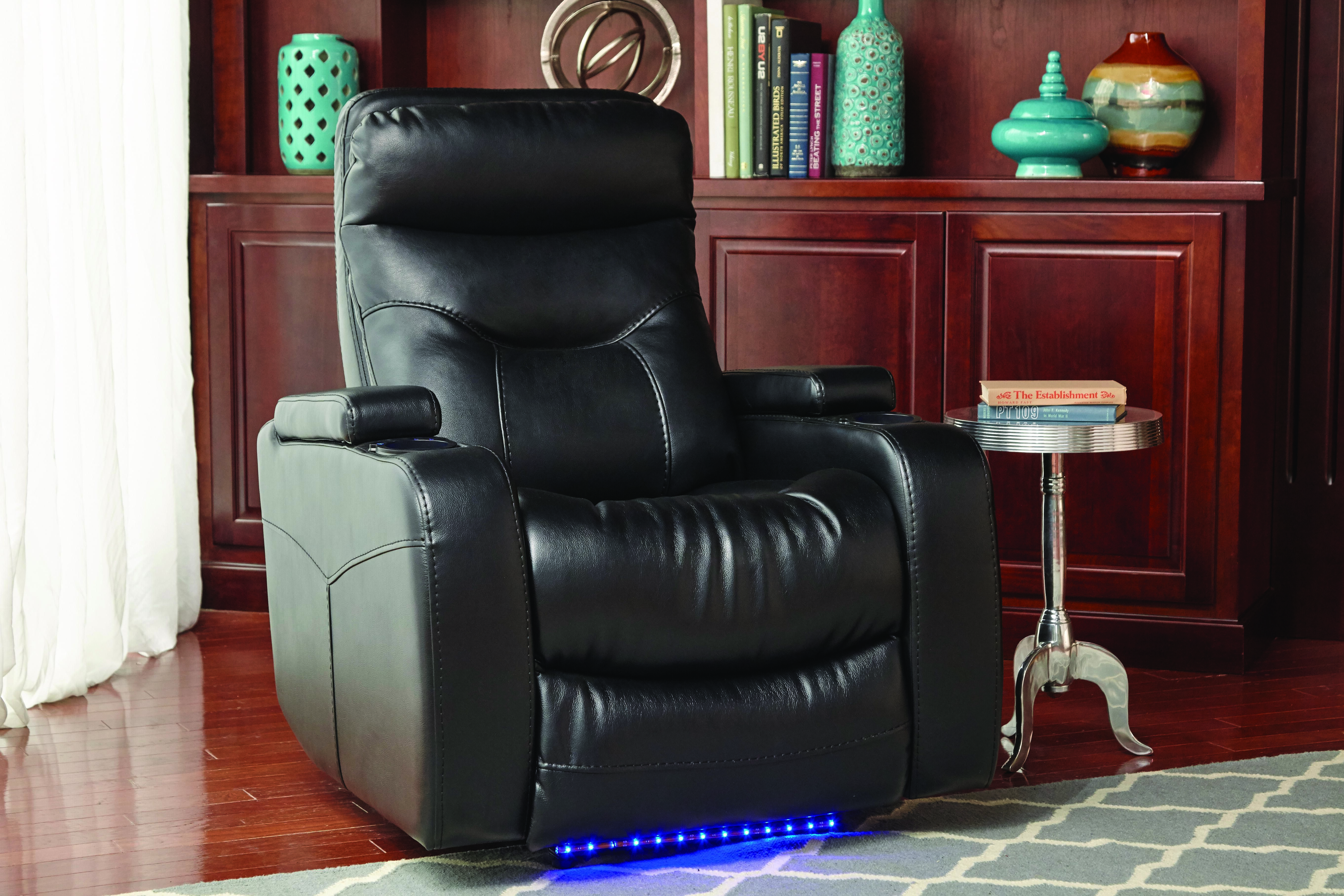 Dark brown leather in library space with LED lighting at base
