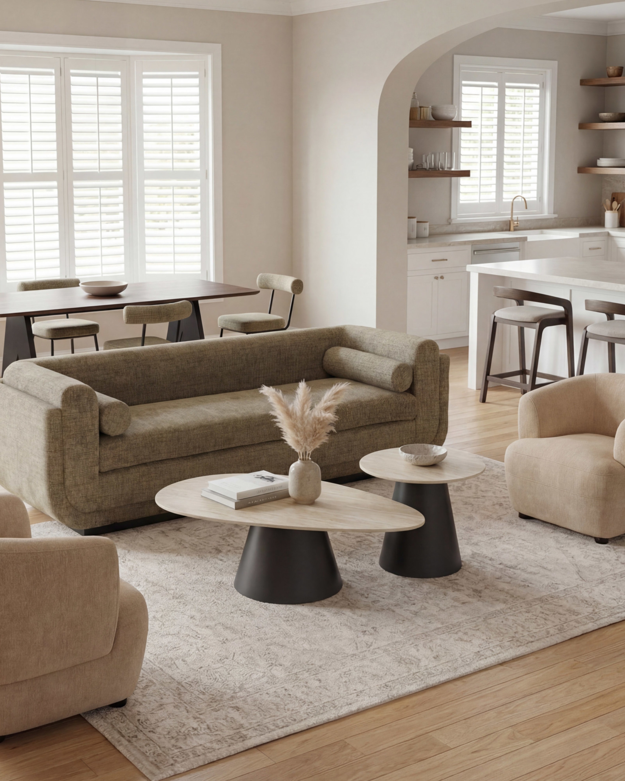 a coffee table and an end table styled in a living room