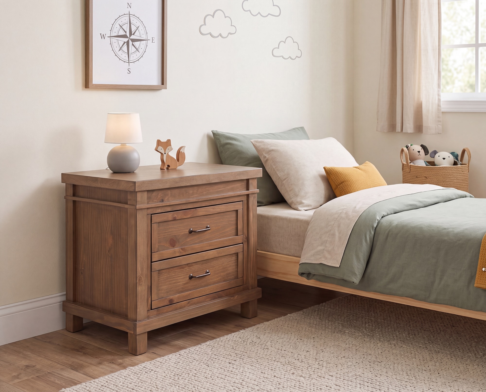wooden brown kids nightstand in a youth room scene