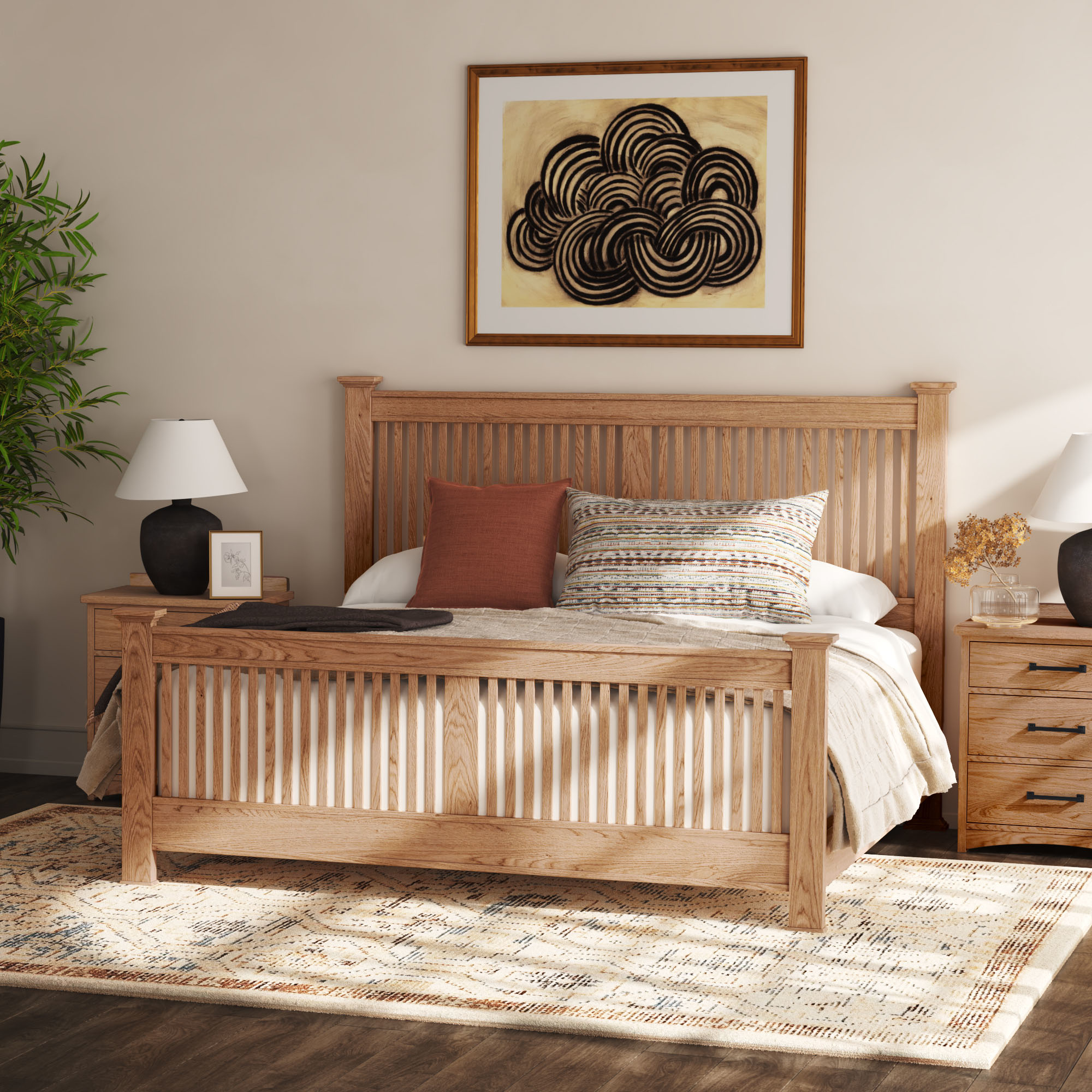 Wood bed frame with throw pillows and comforter
