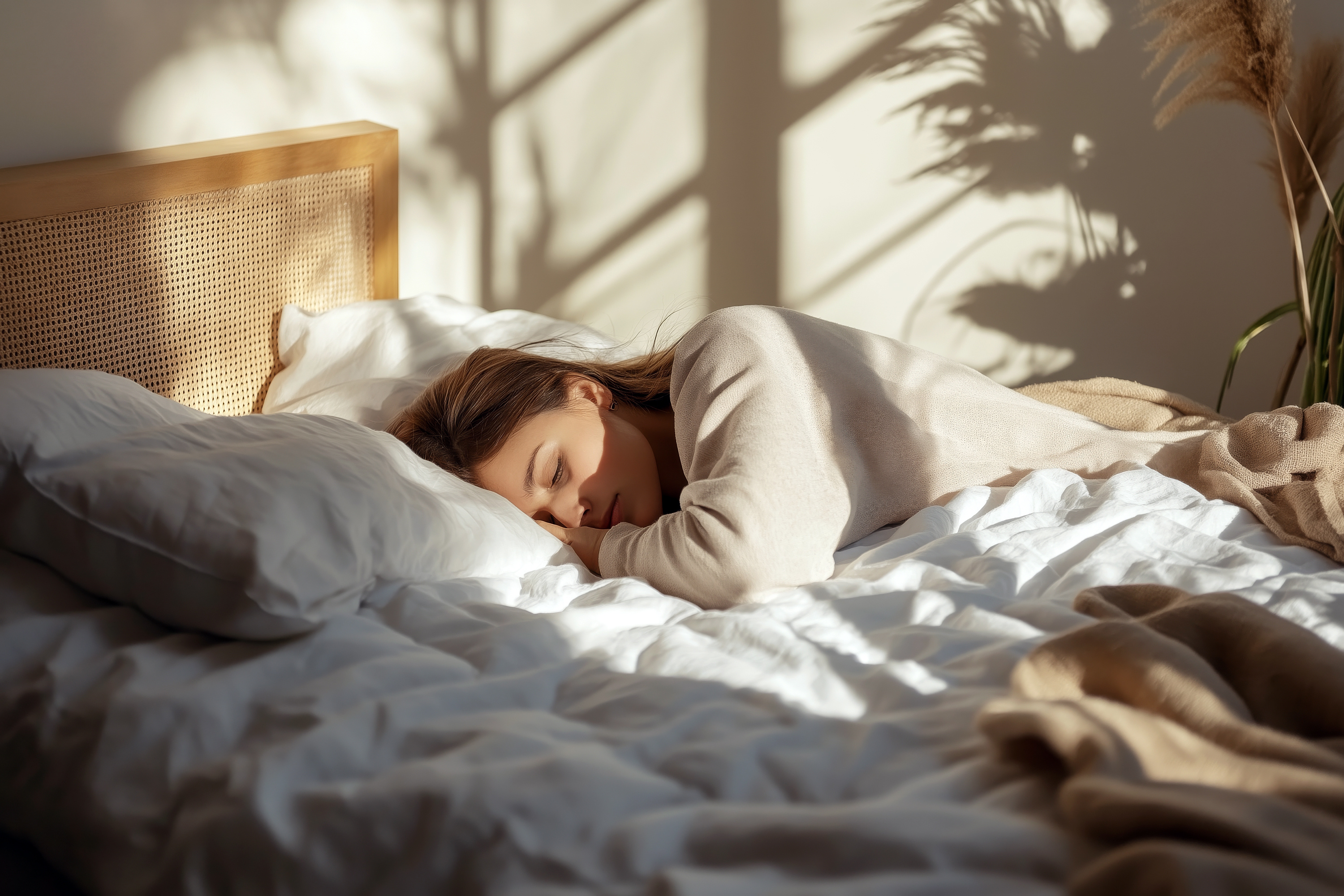 Woman getting the best sleep of her life on a bed with white bedding and natural headboard