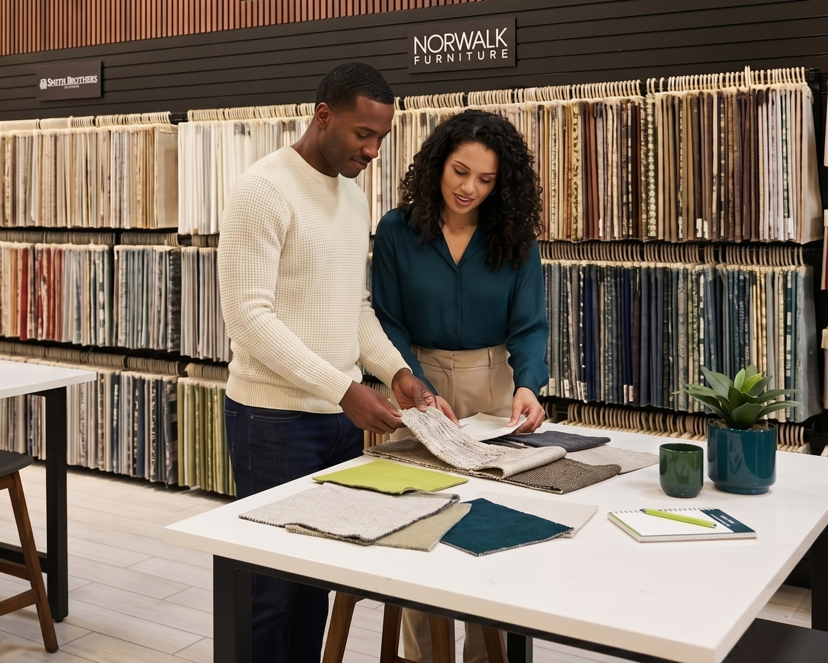 two people shopping swatches in showroom