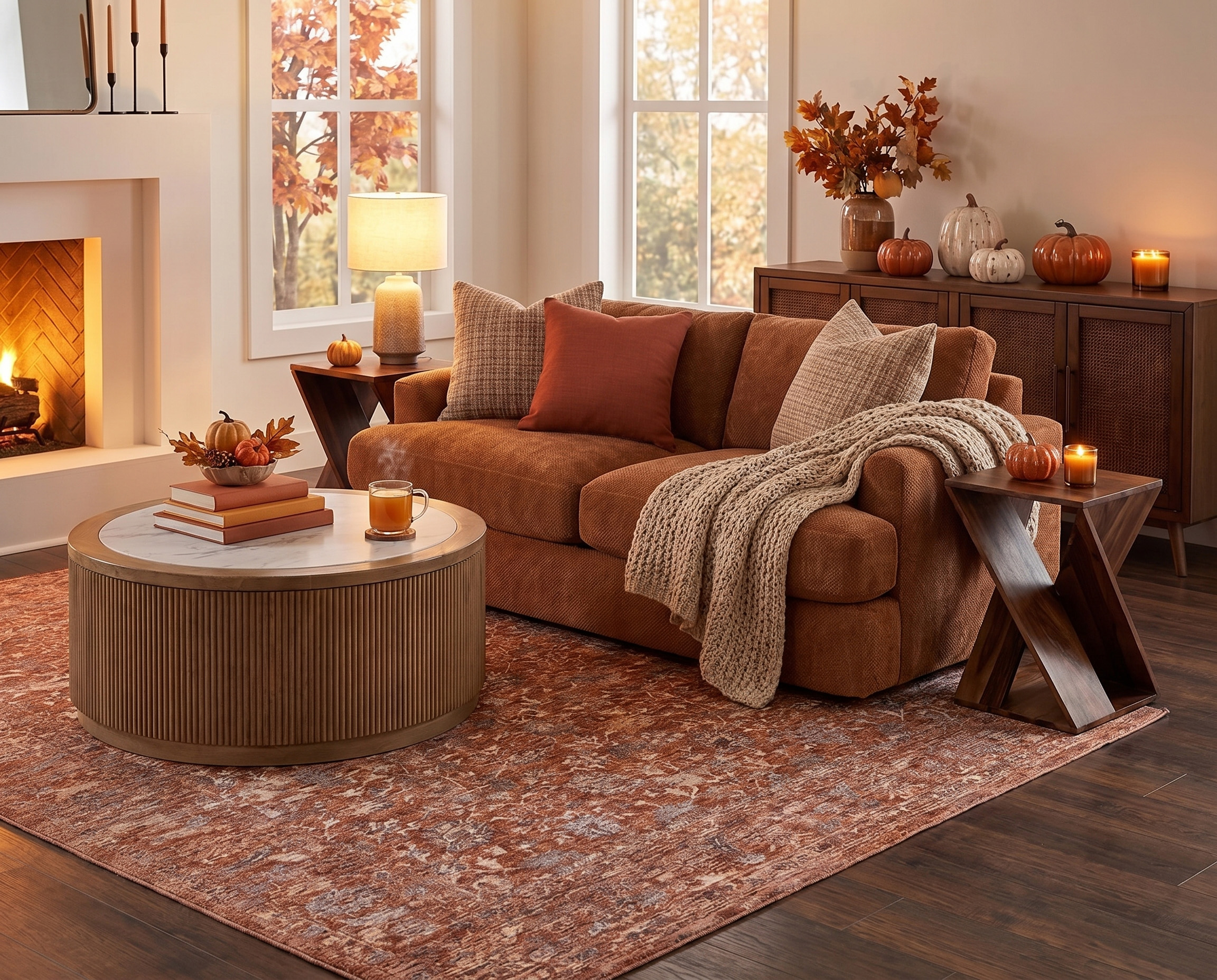 Fall warm and cozy living room with orange sofa