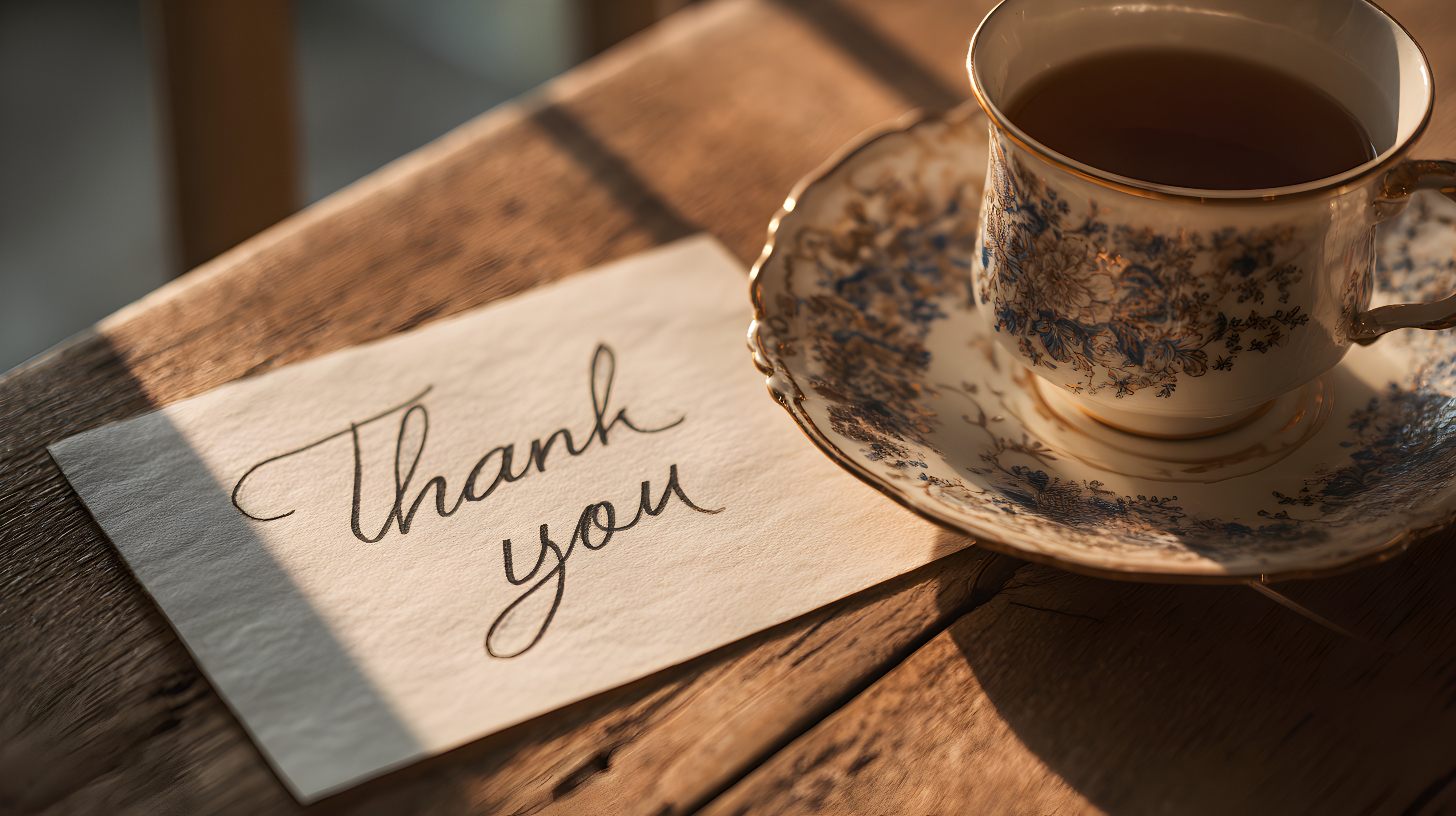 simple handwritten thank you note next to cup of tea on matching saucer
