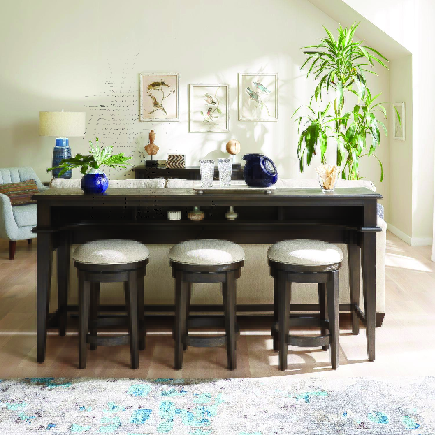 Console table with stools back side of sofa