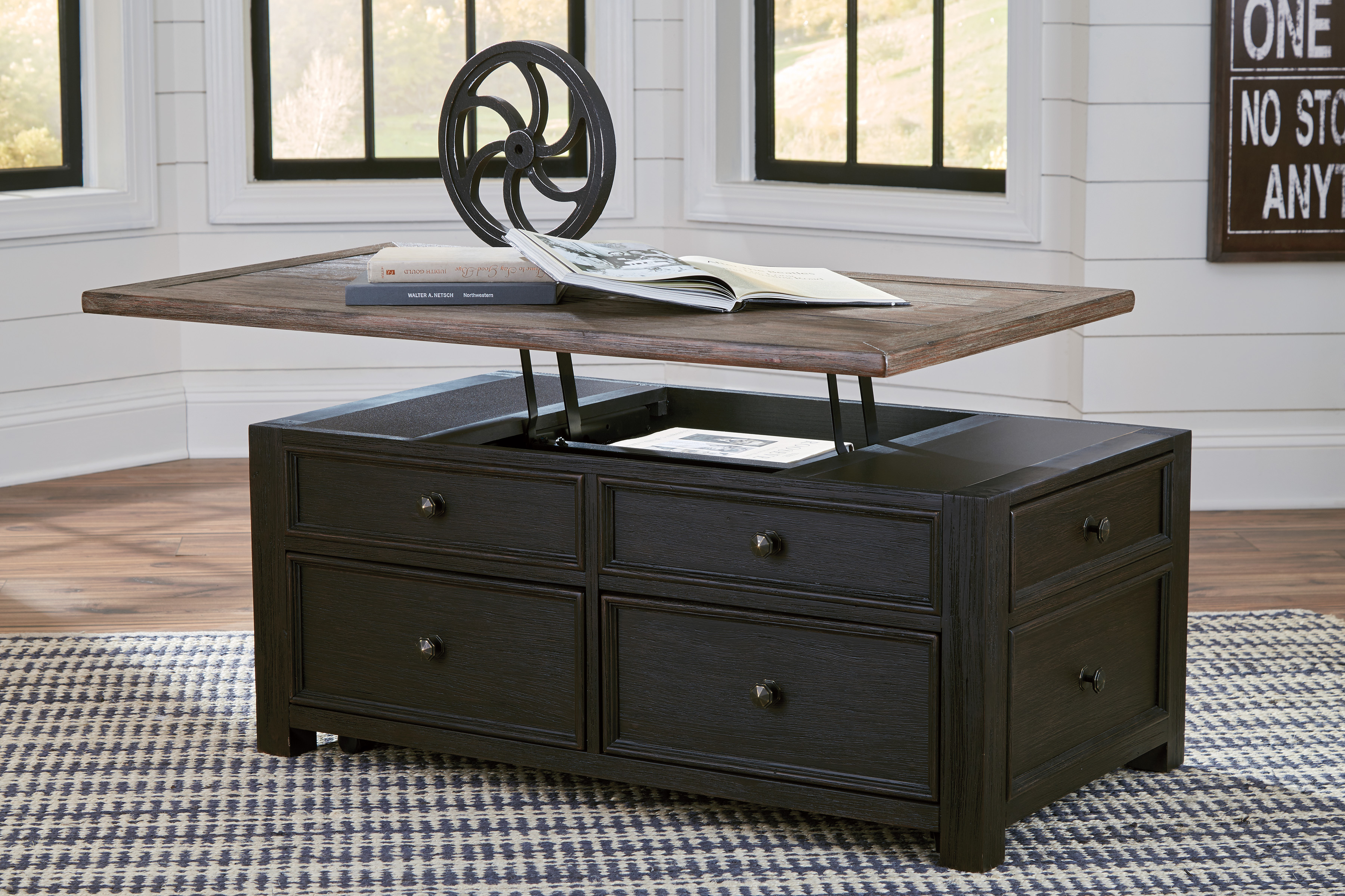 coffee table in espresso and finished wood lift top 