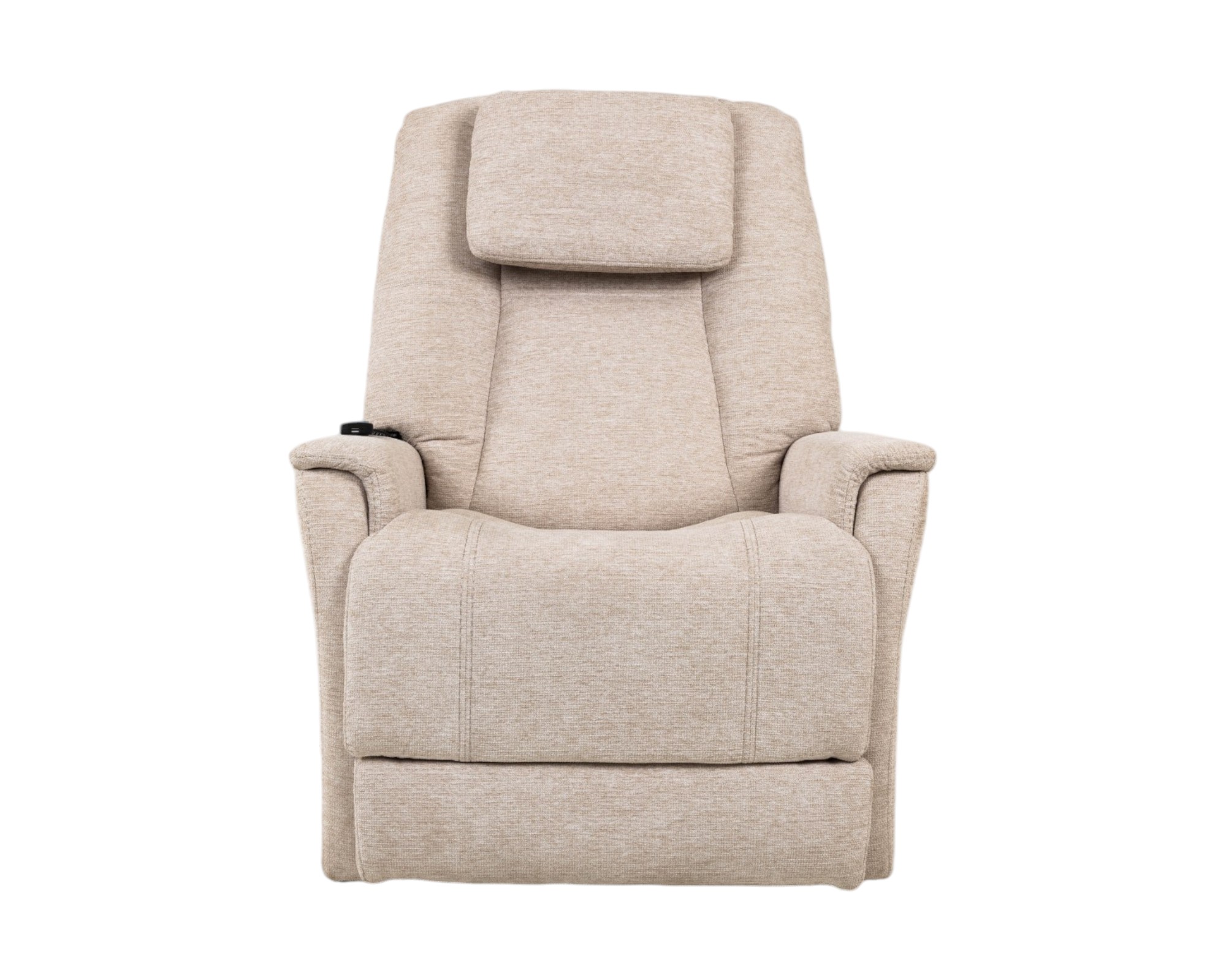 Flexsteel Zecliner 3+ in Ceramic color front-facing with remote on arm of chair