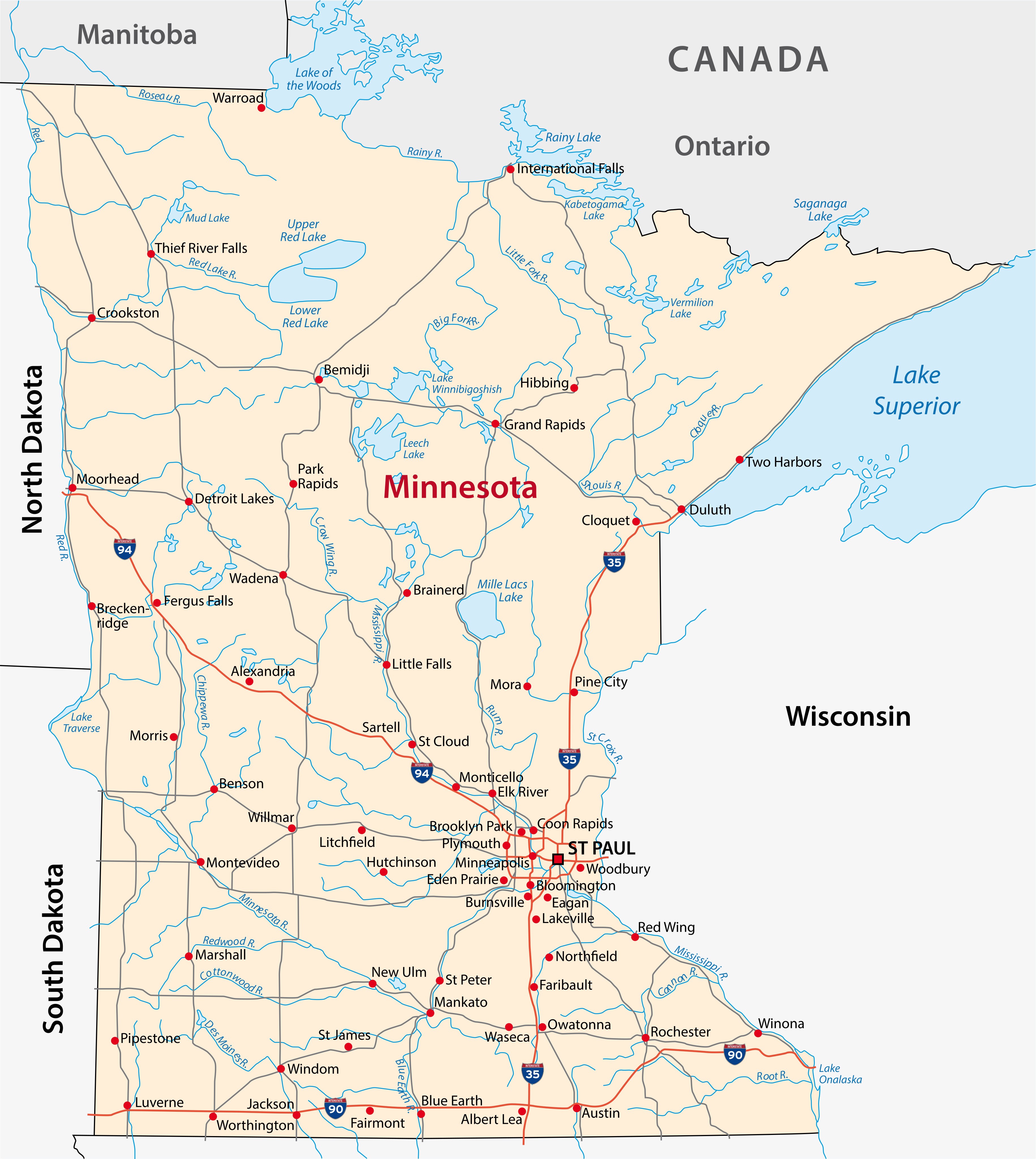 Minnesota state map with major cities and towns highlighted