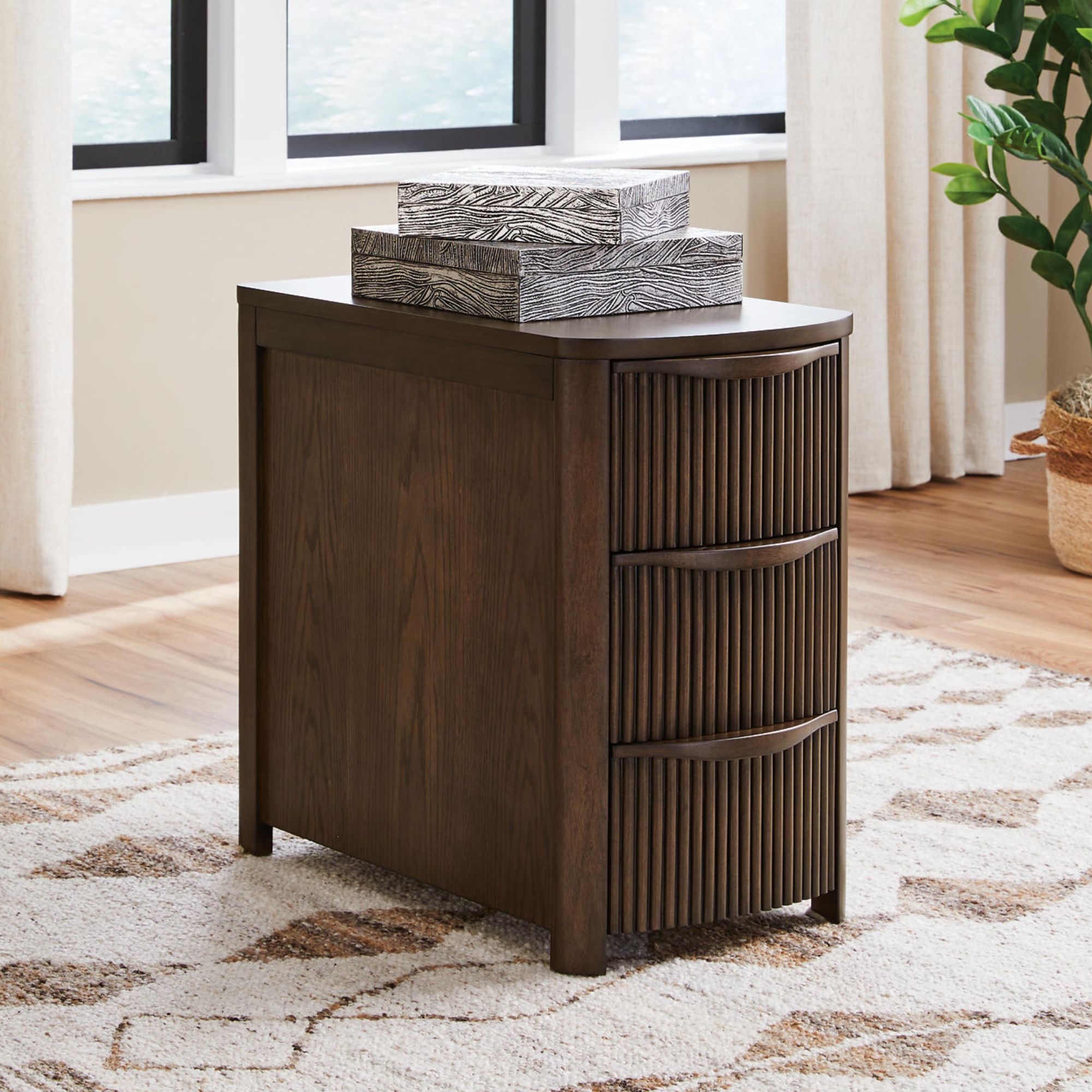 Dark brown chairside end table with 3 drawers
