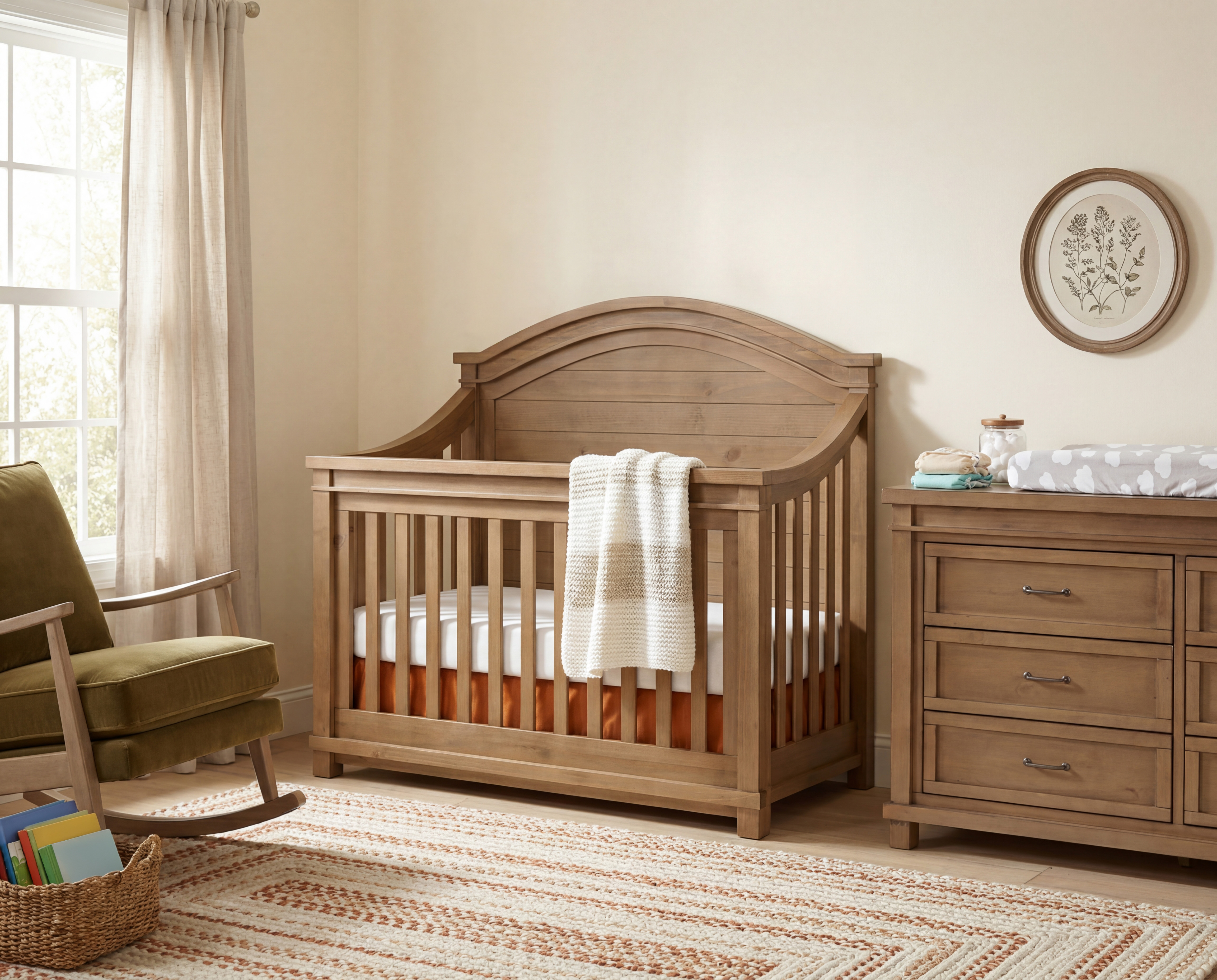 Neutral colored nursery with rustic wood crib and dresser
