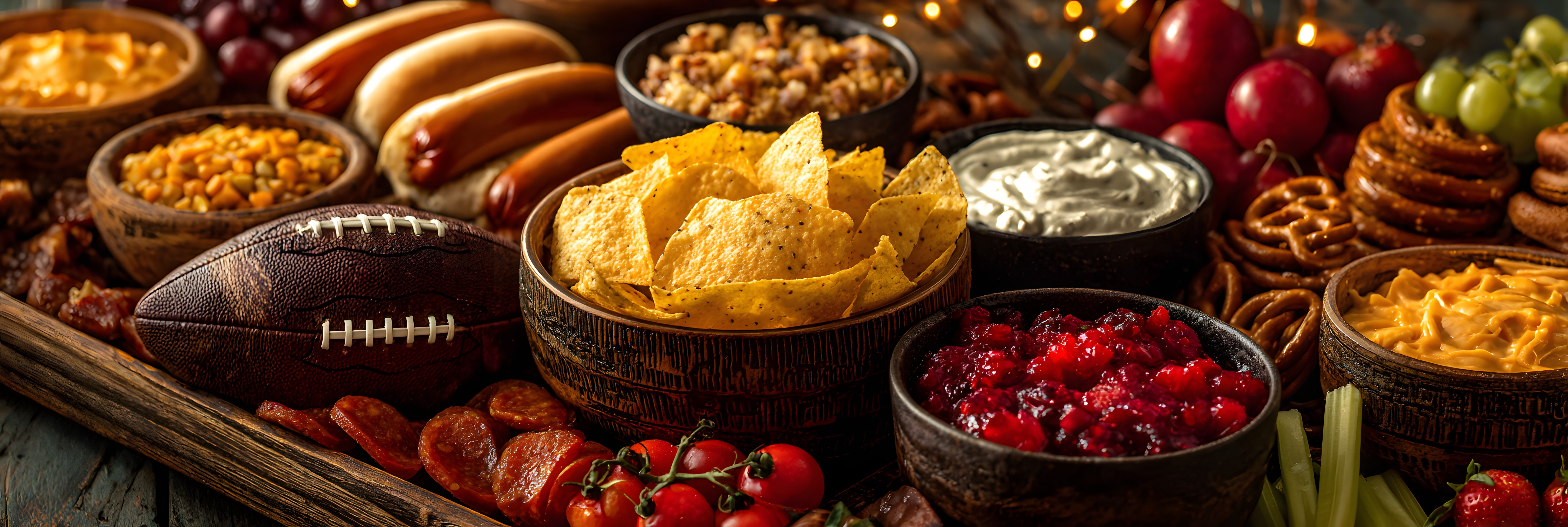 Hotdogs, chips and dip on table with antique football for bowl game