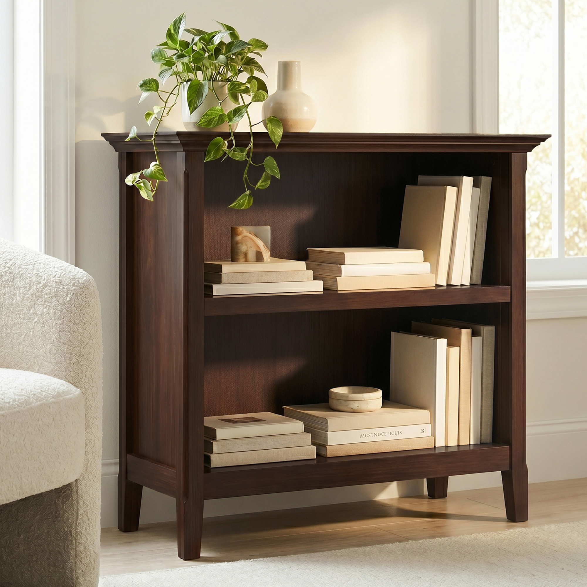 short bookcase to store items and display keepsakes
