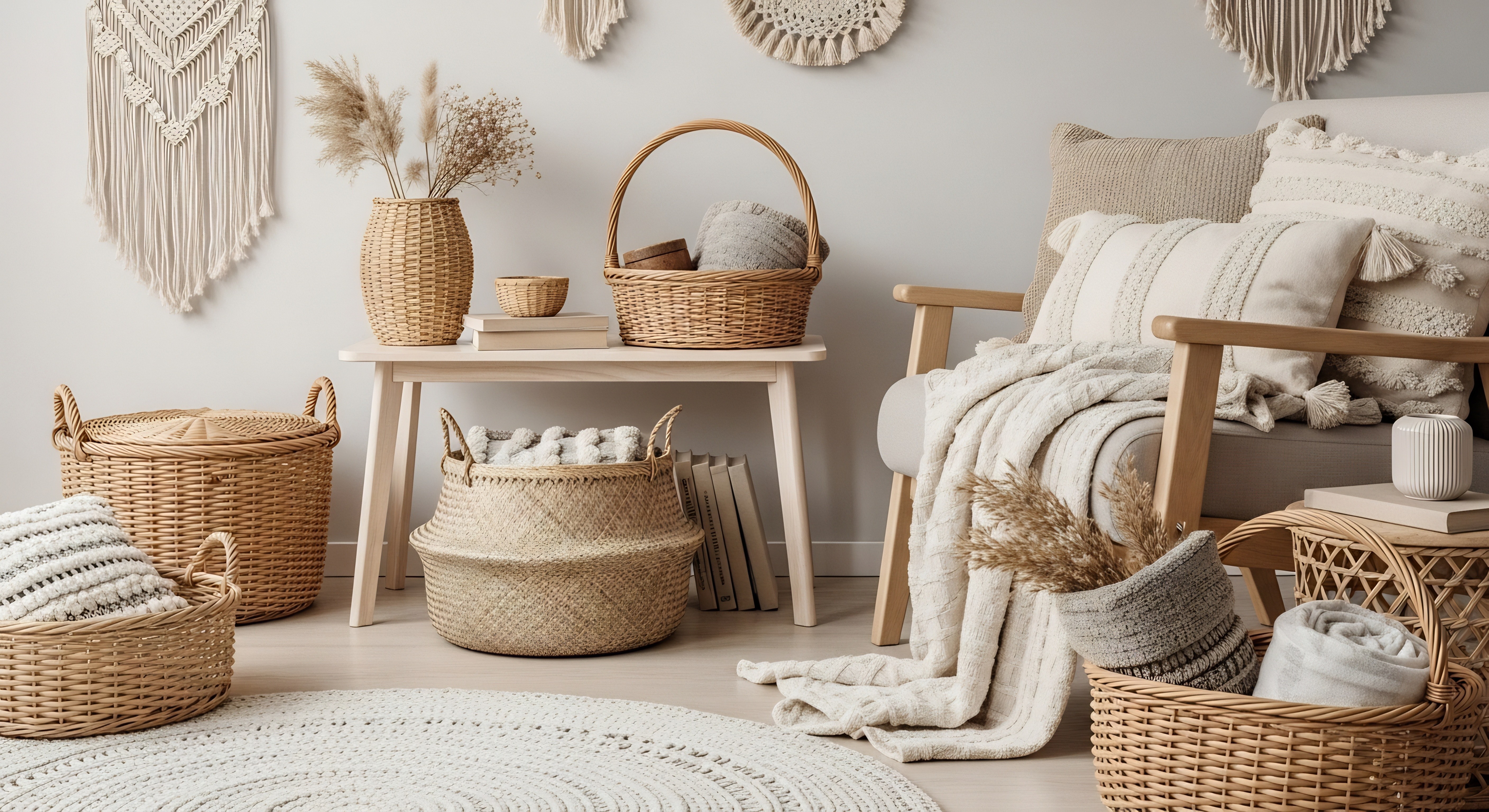 Baskets for storing items in neutral colored room 