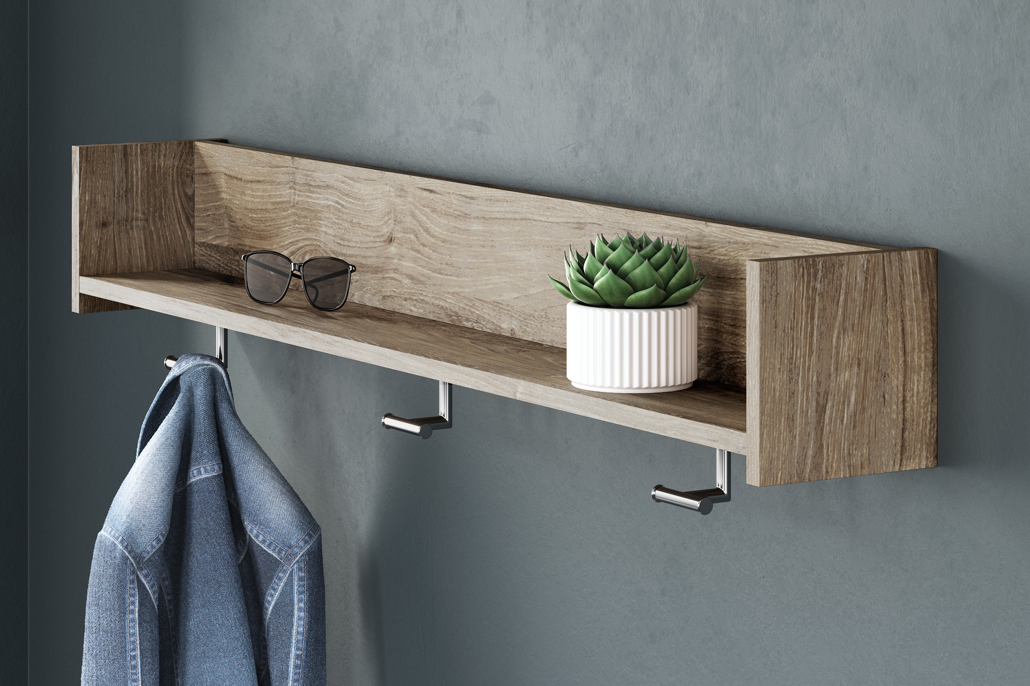 Shelving with hooks in an entryway