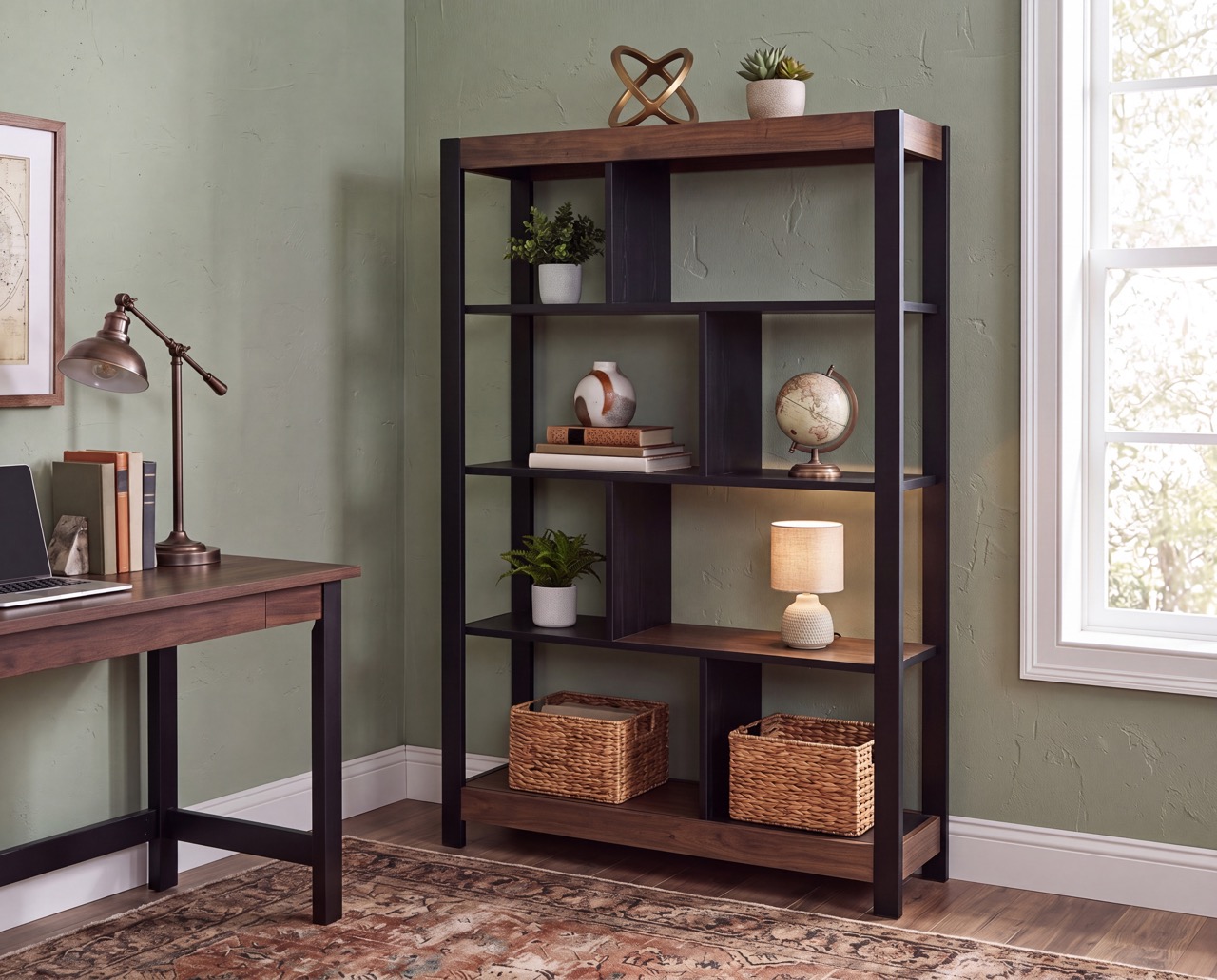 modern bookcase with many shelves showcasing decor and decorative objects