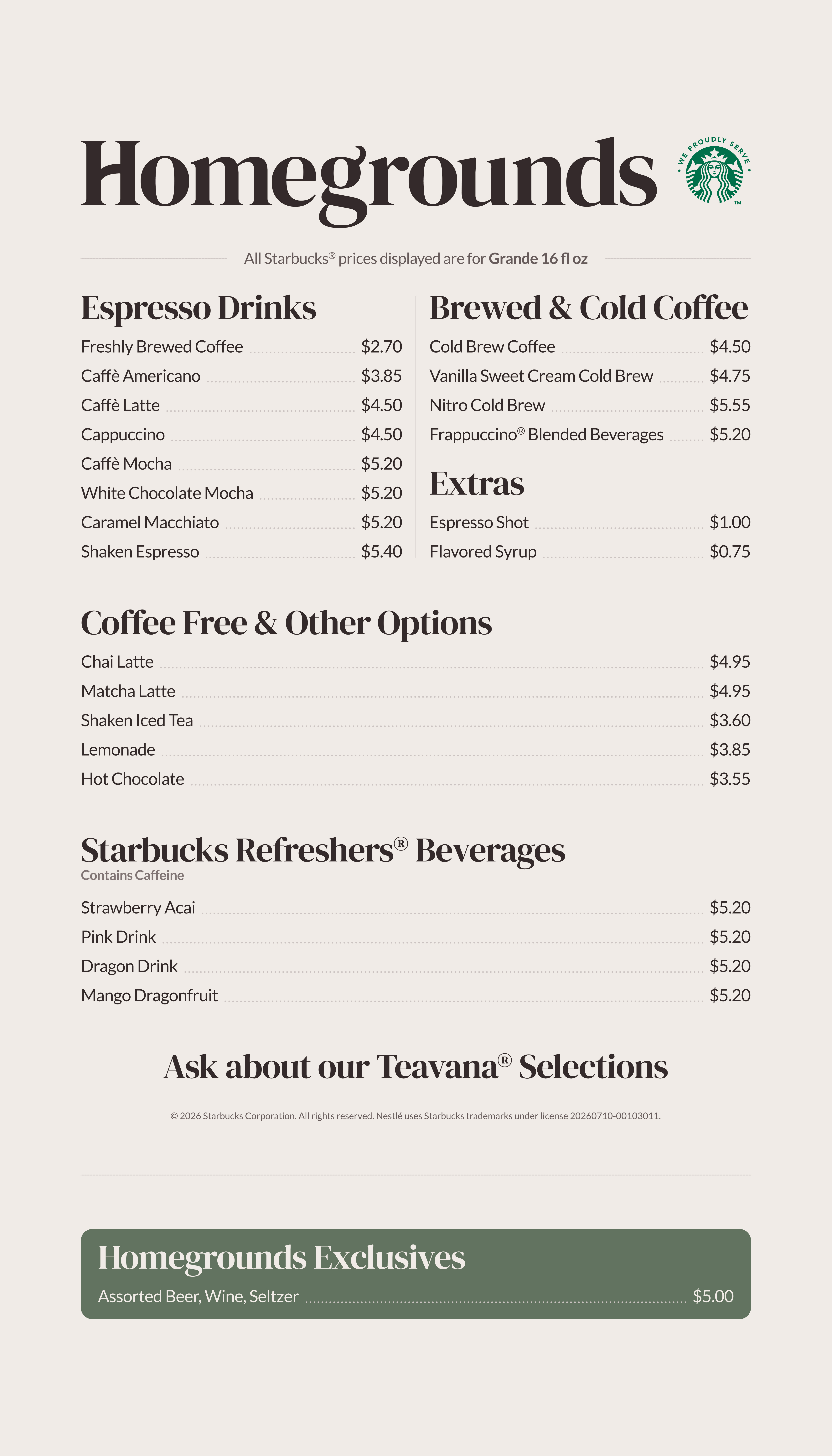 Homegrounds Beverage Menu