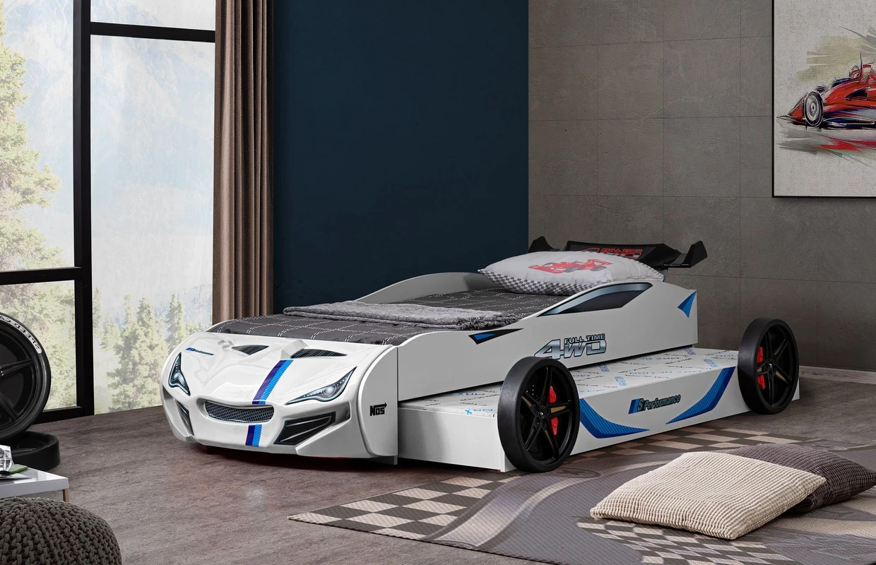 White and blue race car bed