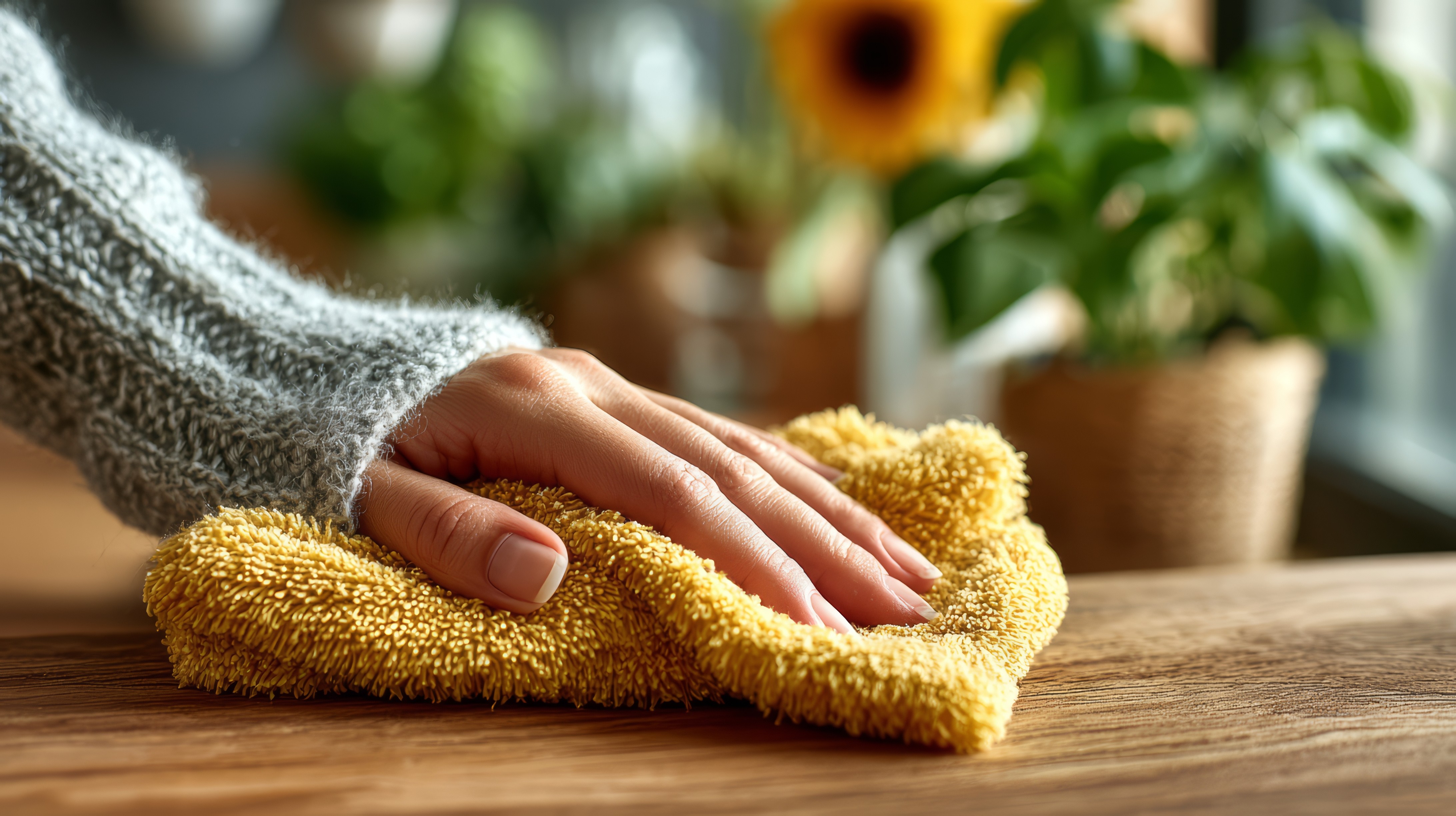 Hand on cloth cleaning a wood surface