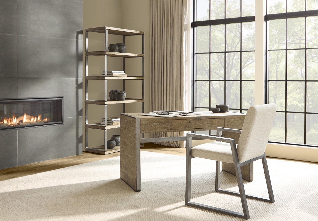 Bernhardt contemporary desk and bookcase styled in a home