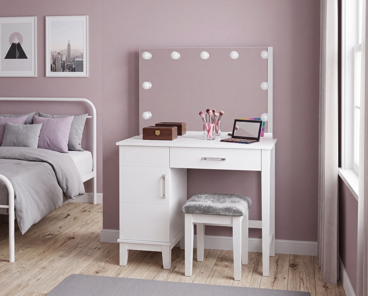 Makeup vanity in a youth bedroom scene