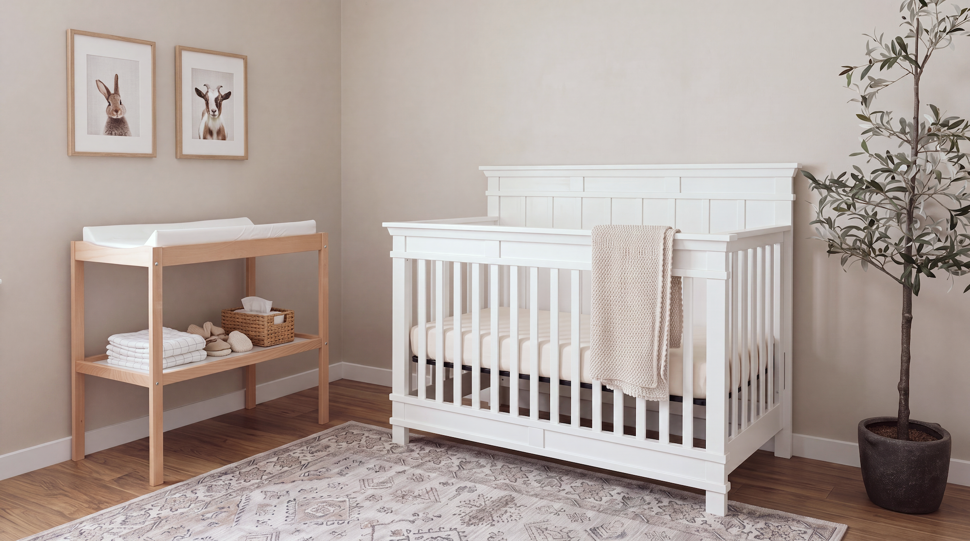 nursery bedroom scene featuring a convertible crib, changing table, rug, and faux plant