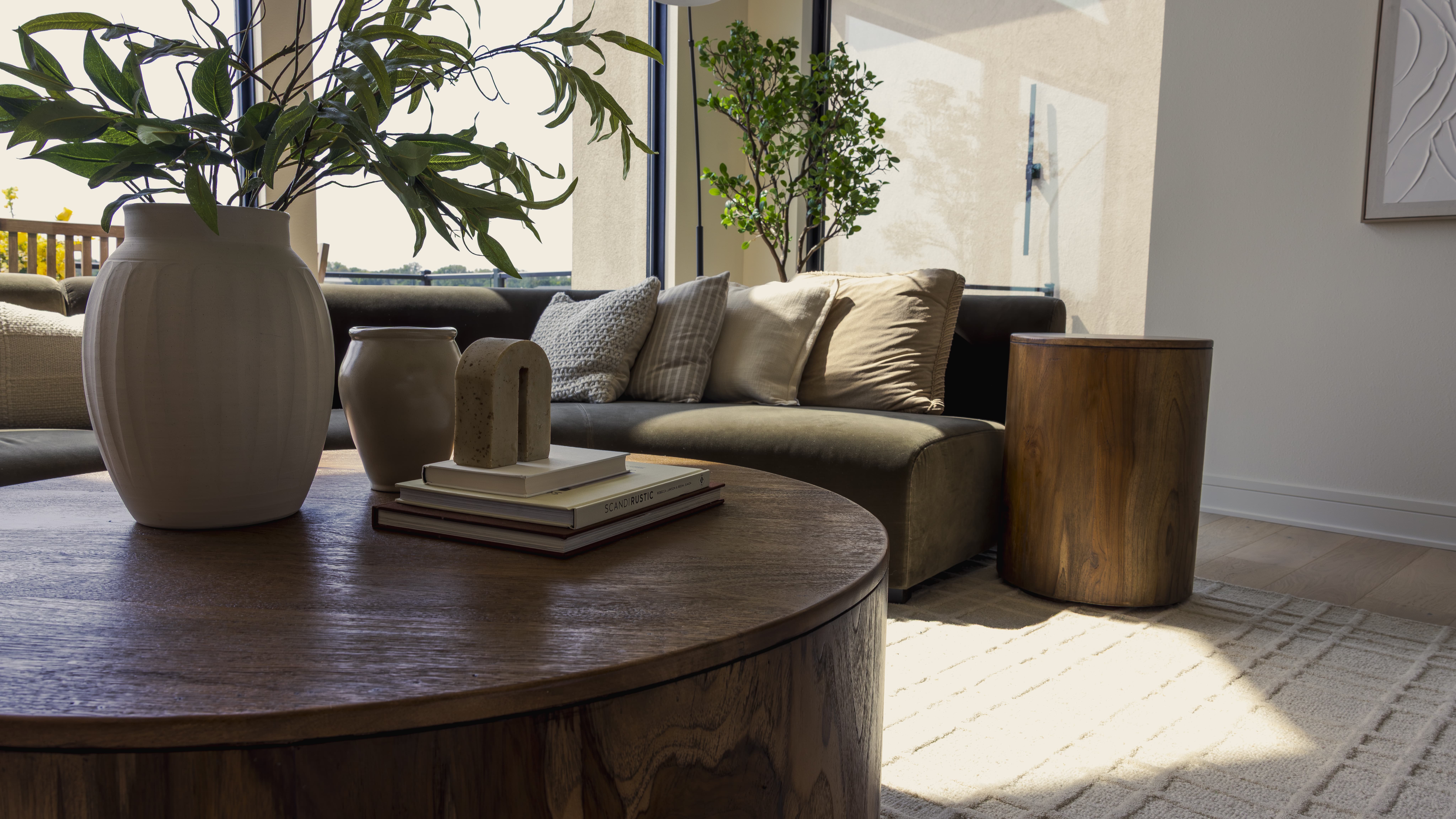 Neutral and cozy living room with natural wood elements
