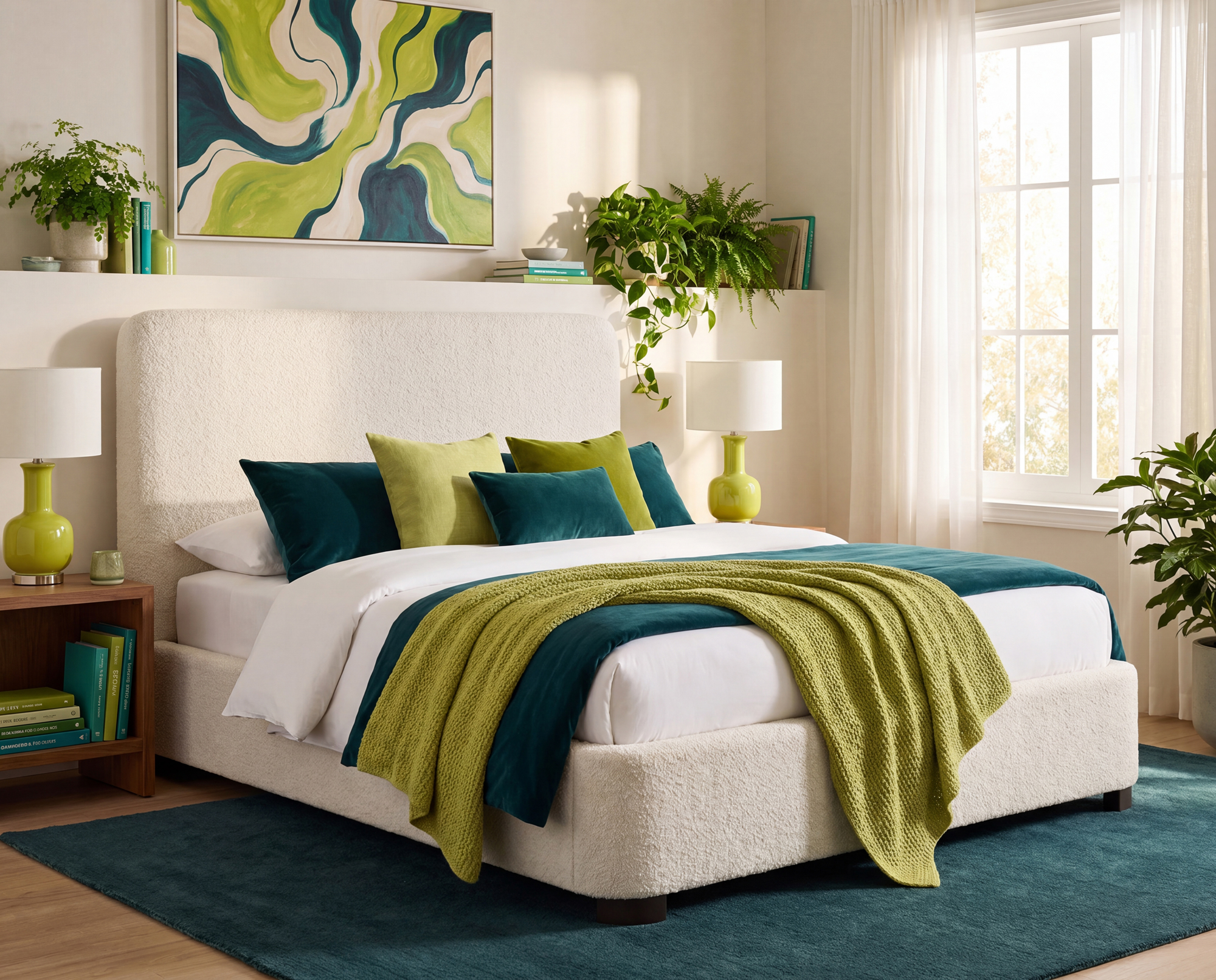 white upholsterd queen bed