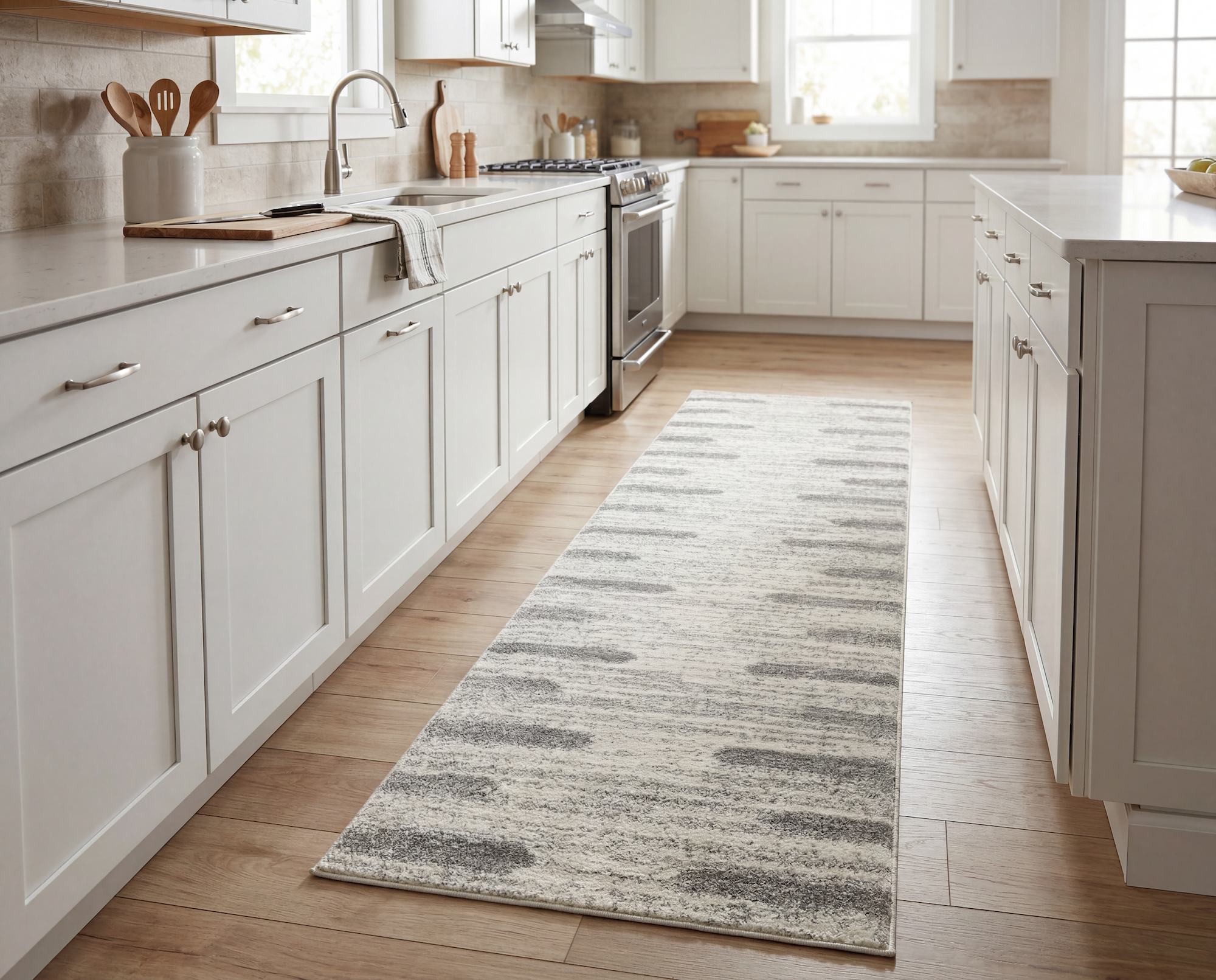 neutral runner rug on the floor of a kitchen