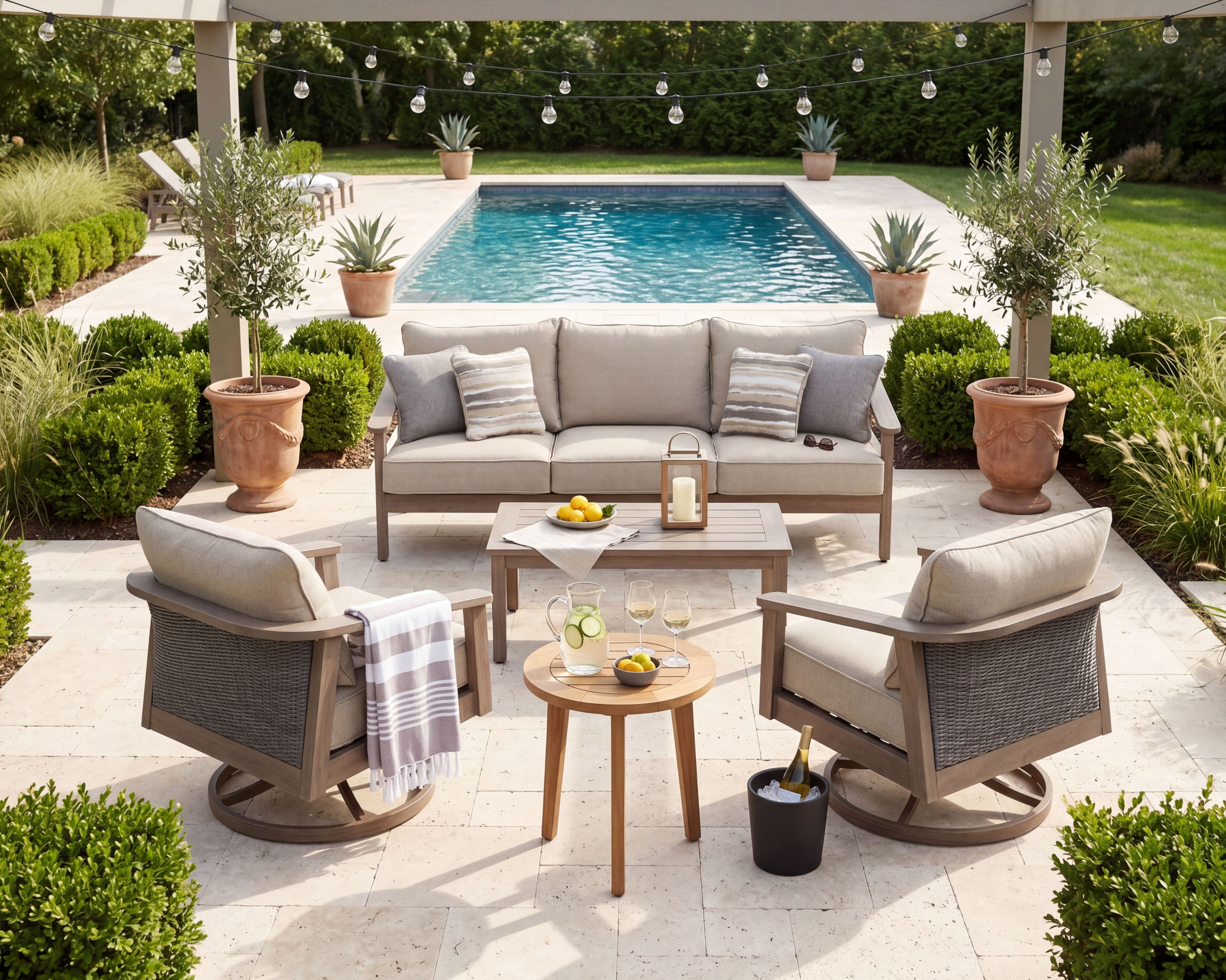 Outdoor furniture set near a pool, ready for a Memorial Day gathering