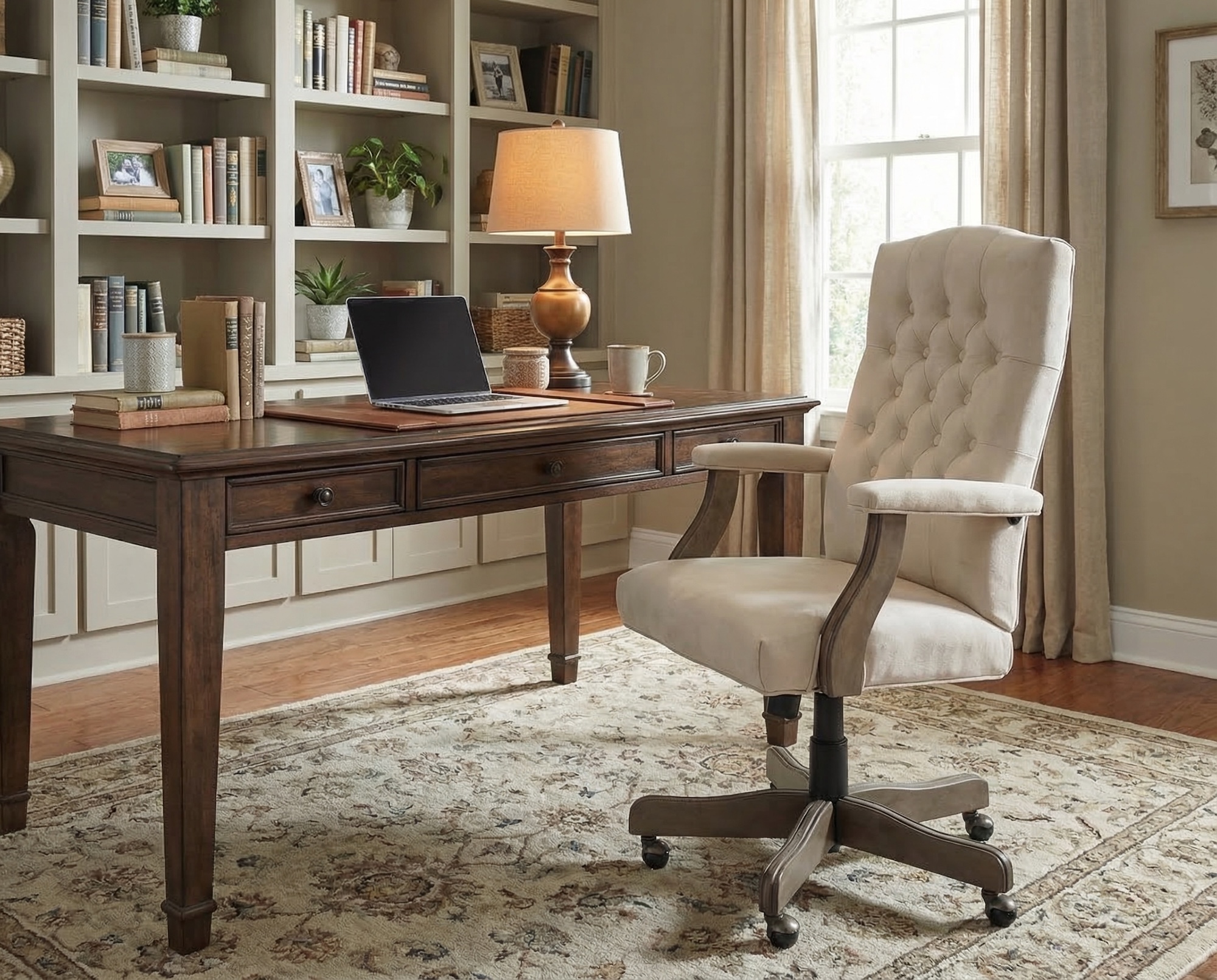 traditional style office scene with a button tufted cream toned upholstered chair