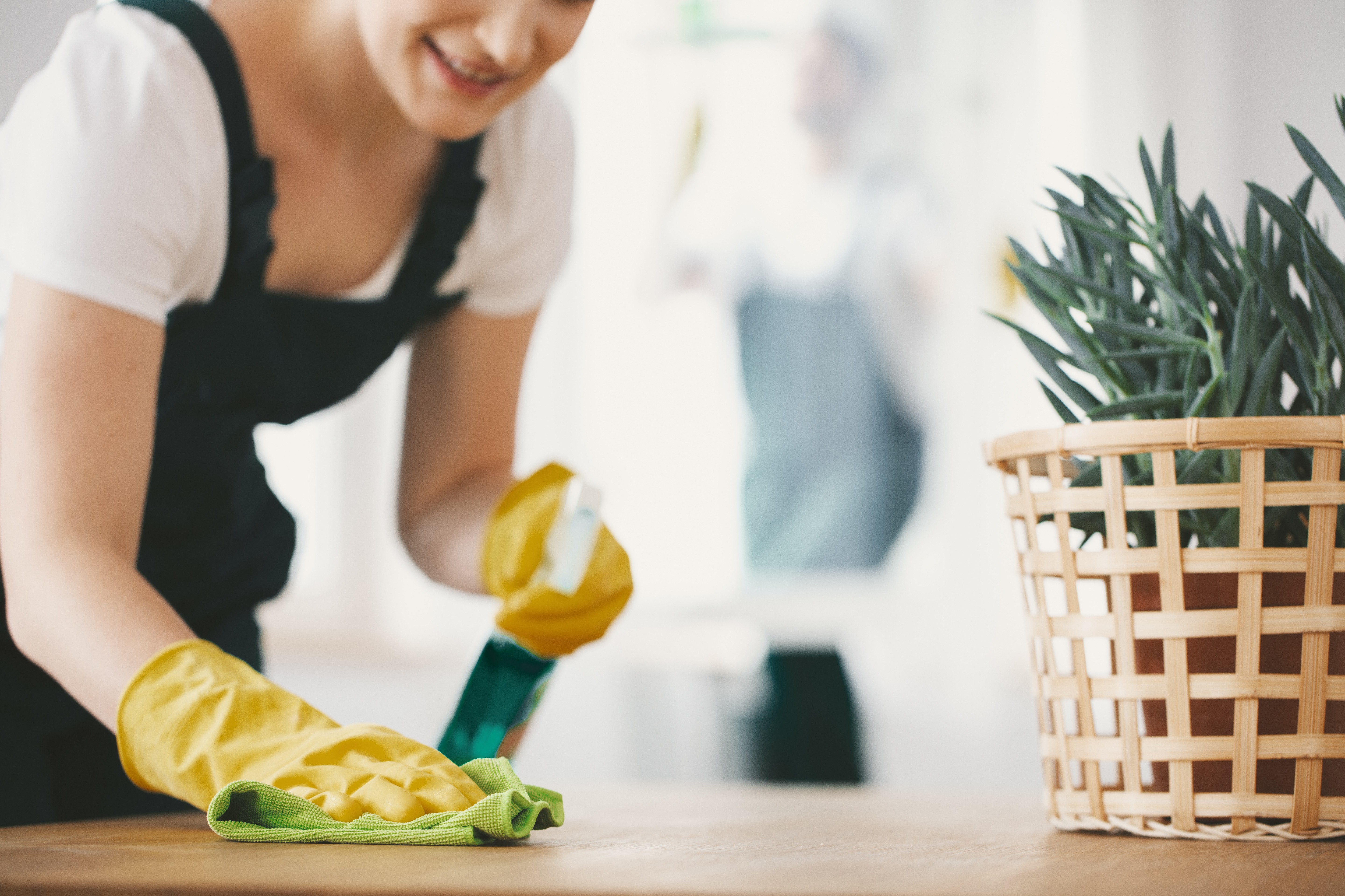Woman cleaning a counter surface