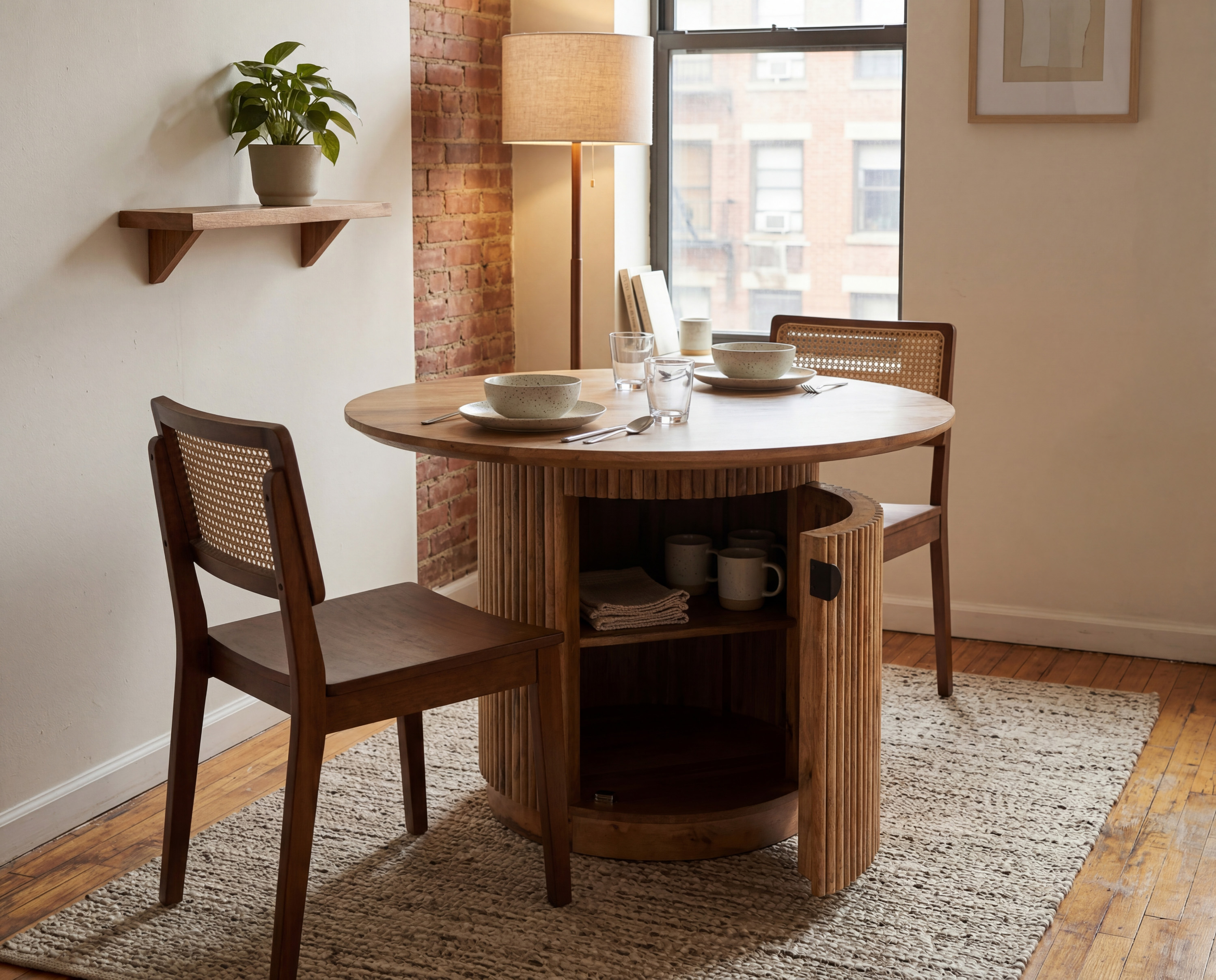 Round wooden reeded dining table with hidden base storage
