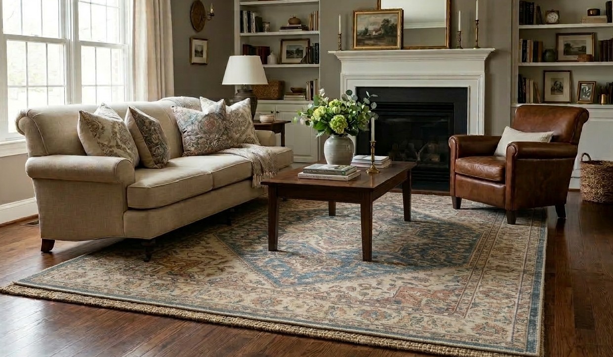 Print rug layered on top of sisal