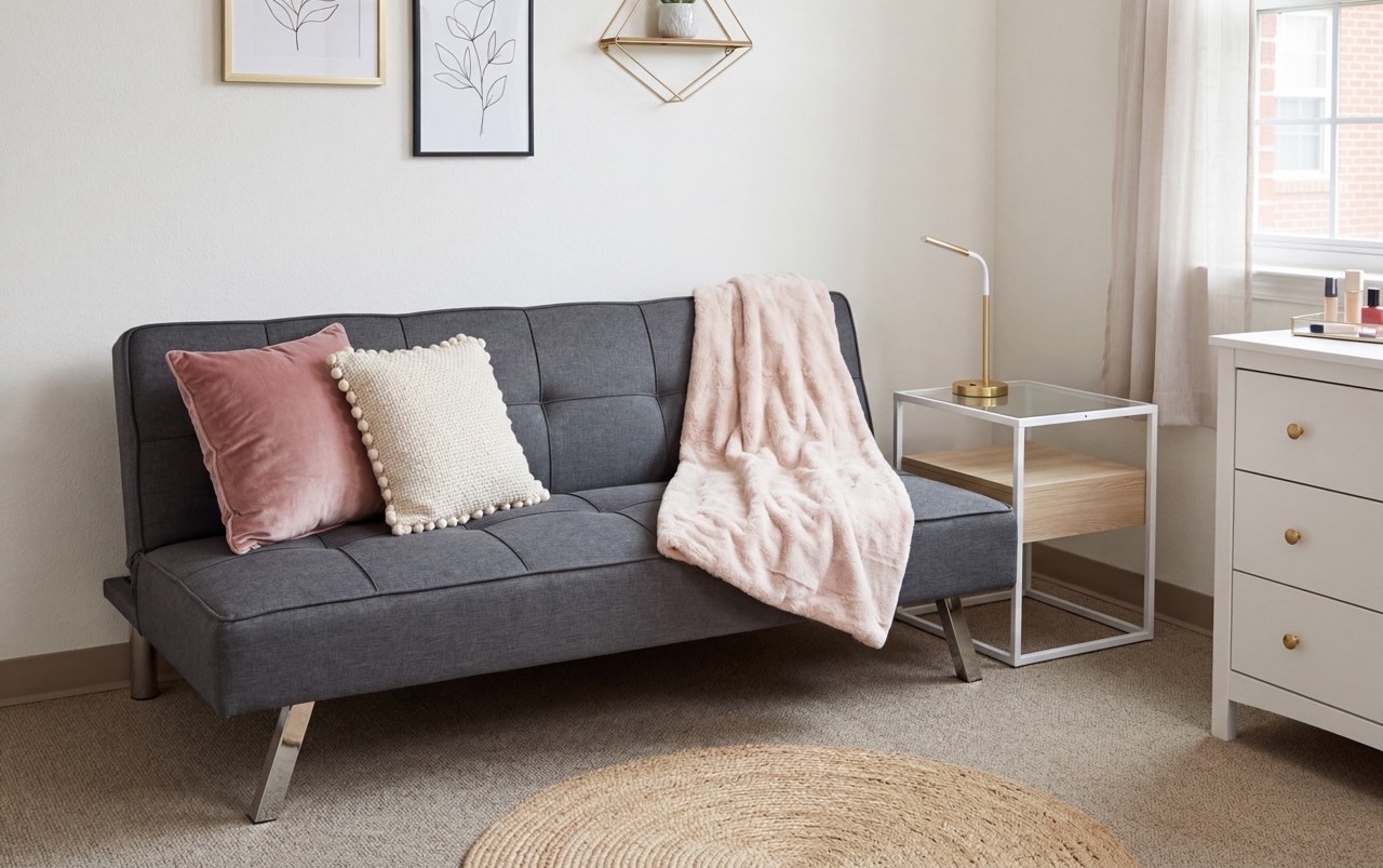 gray futon in dorm room