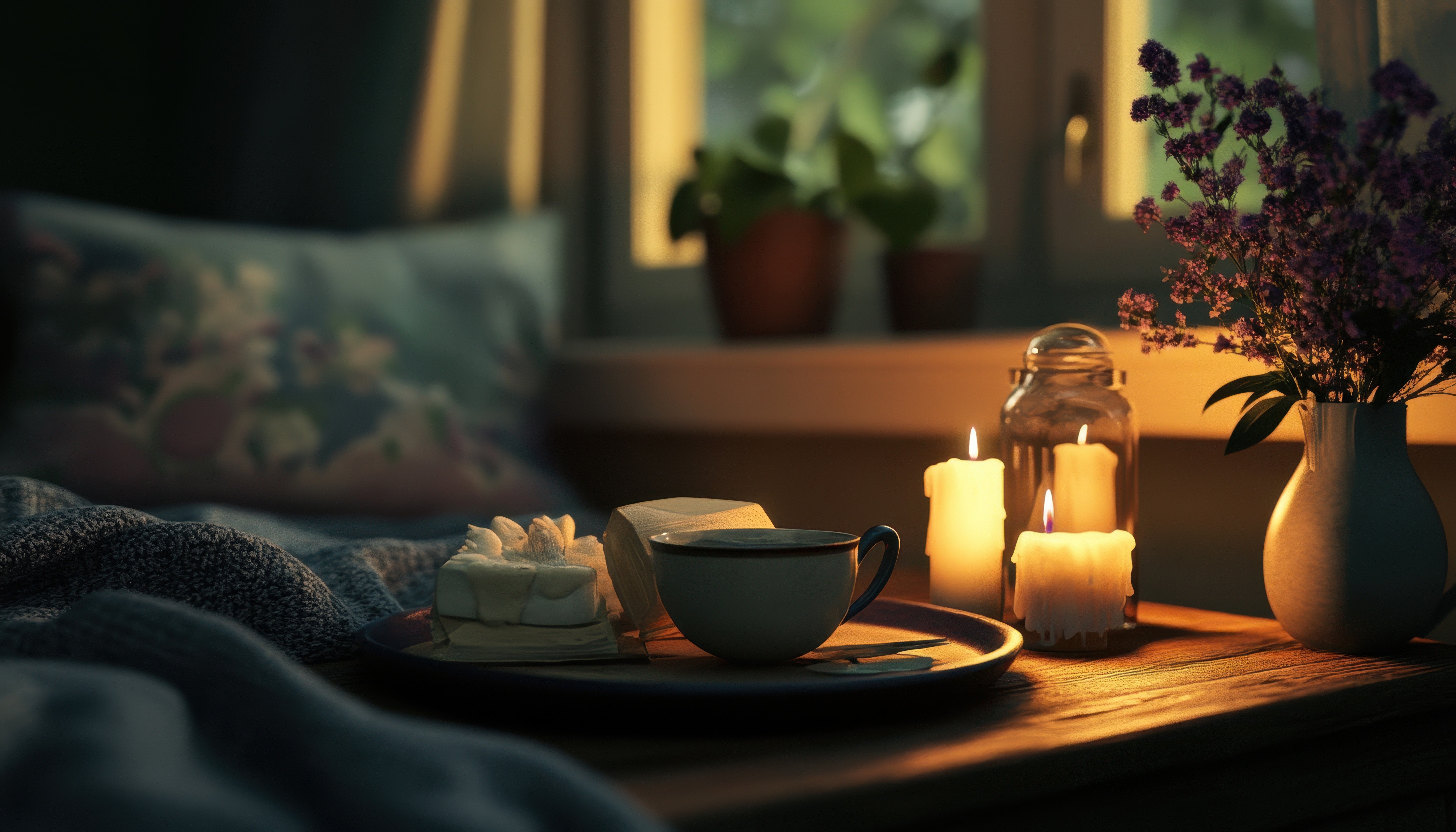 A warm lit room with sofa, candles and cup of coffee