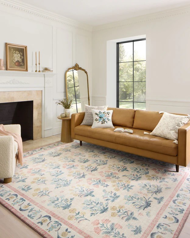 Spring living room refreshed with light colored floral rug