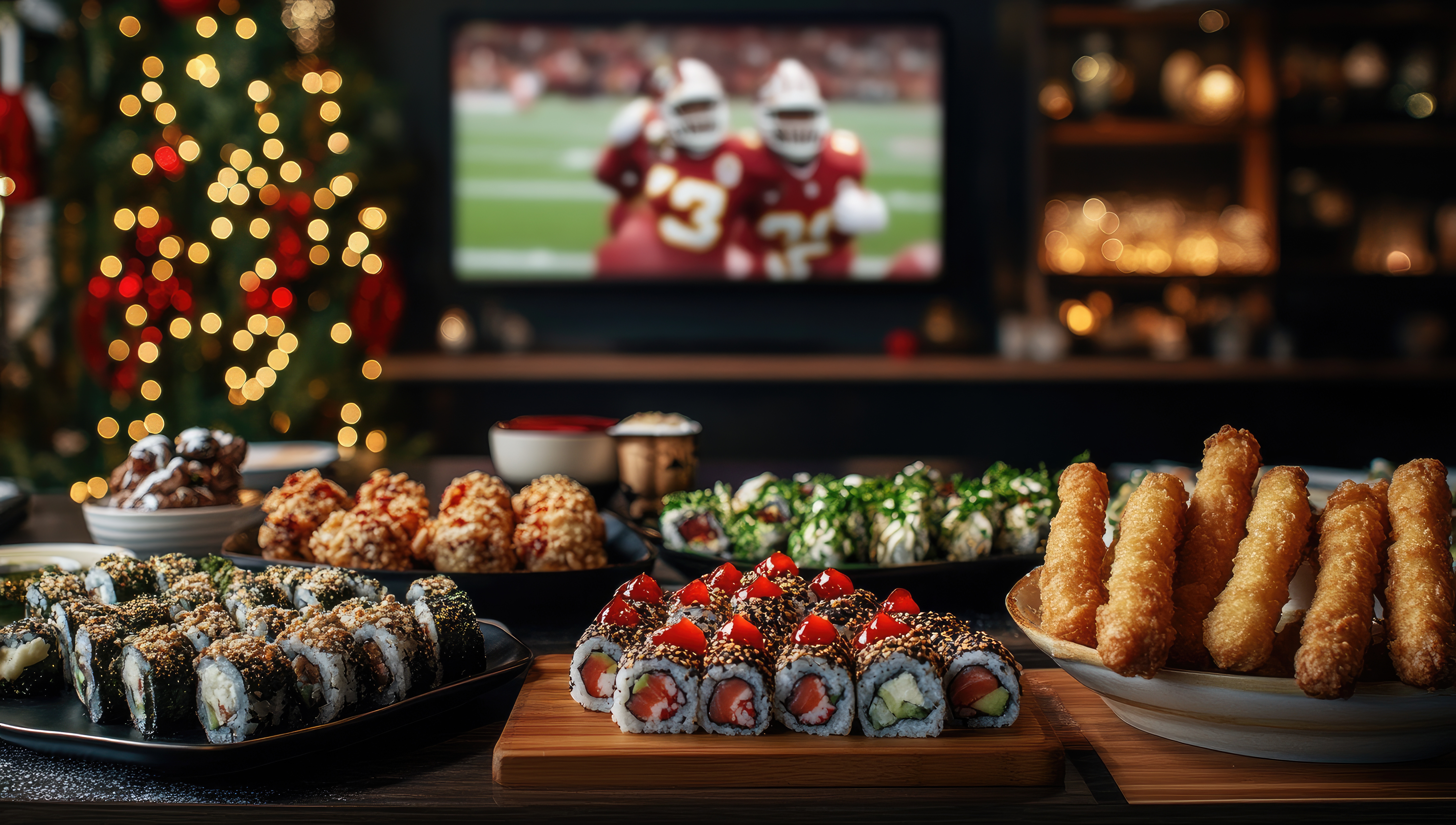 Holiday bowl game food spread with Christmas Tree in background