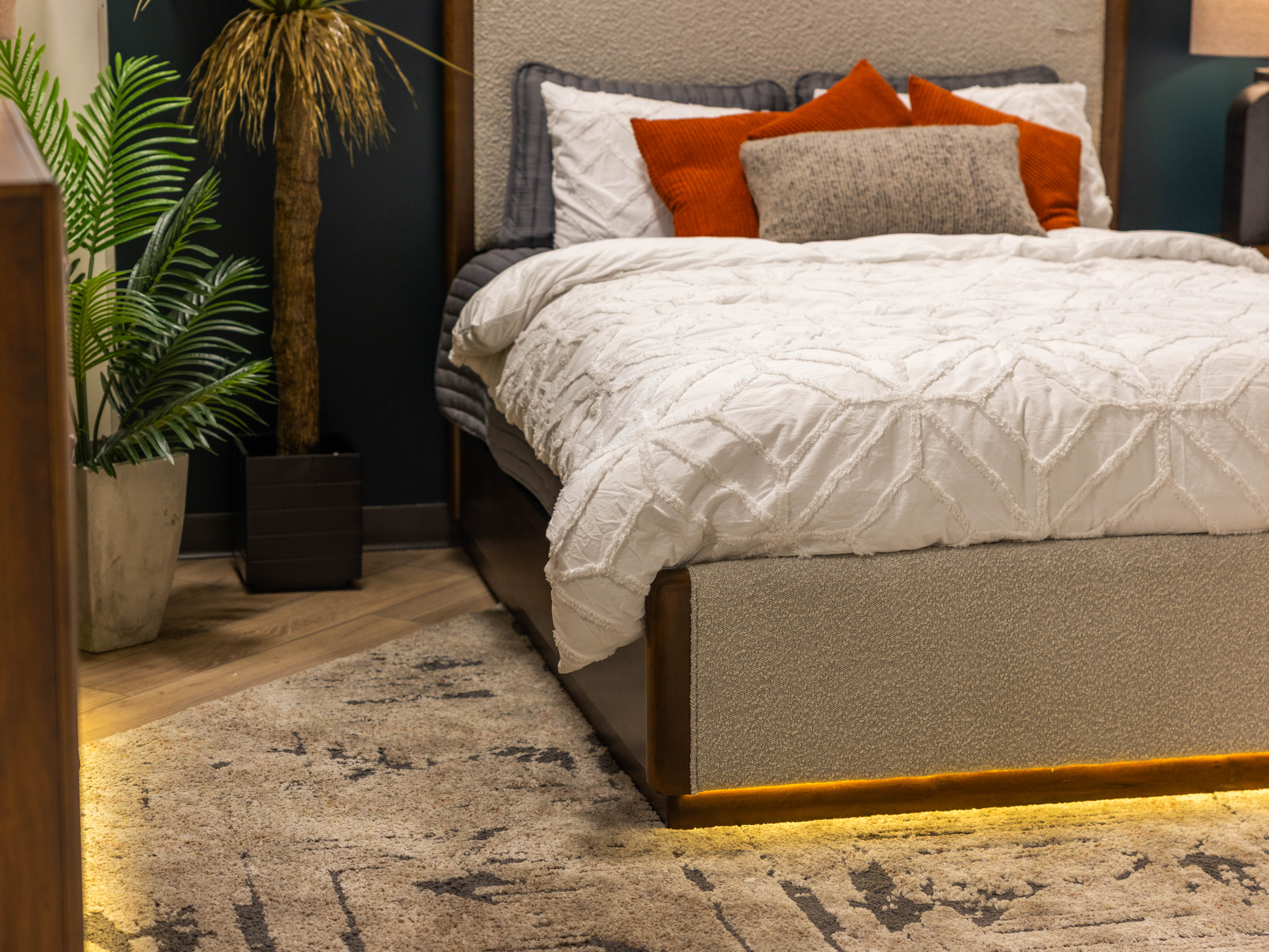 Bed on rug placed at an angle