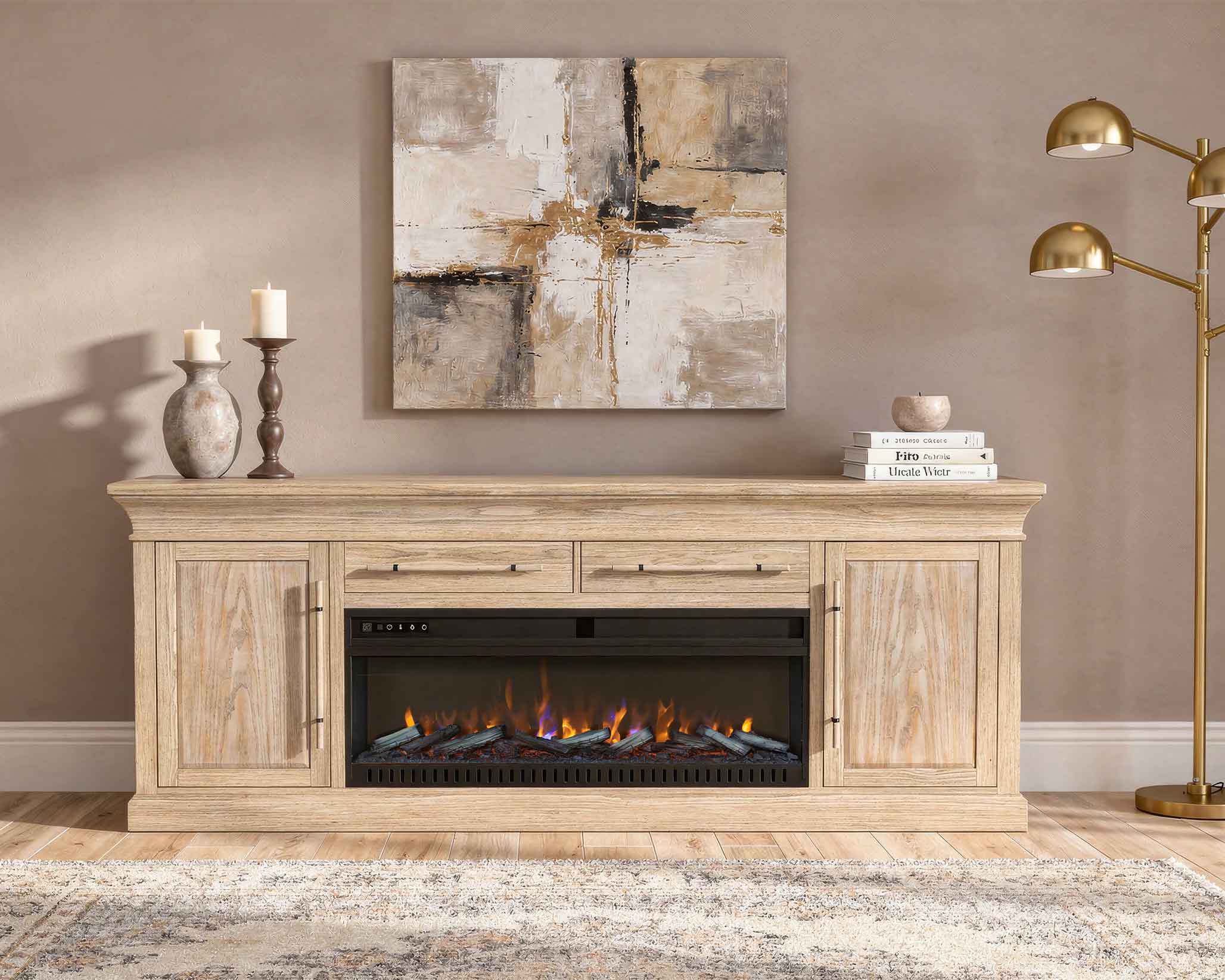 Light wood fireplace tv stand