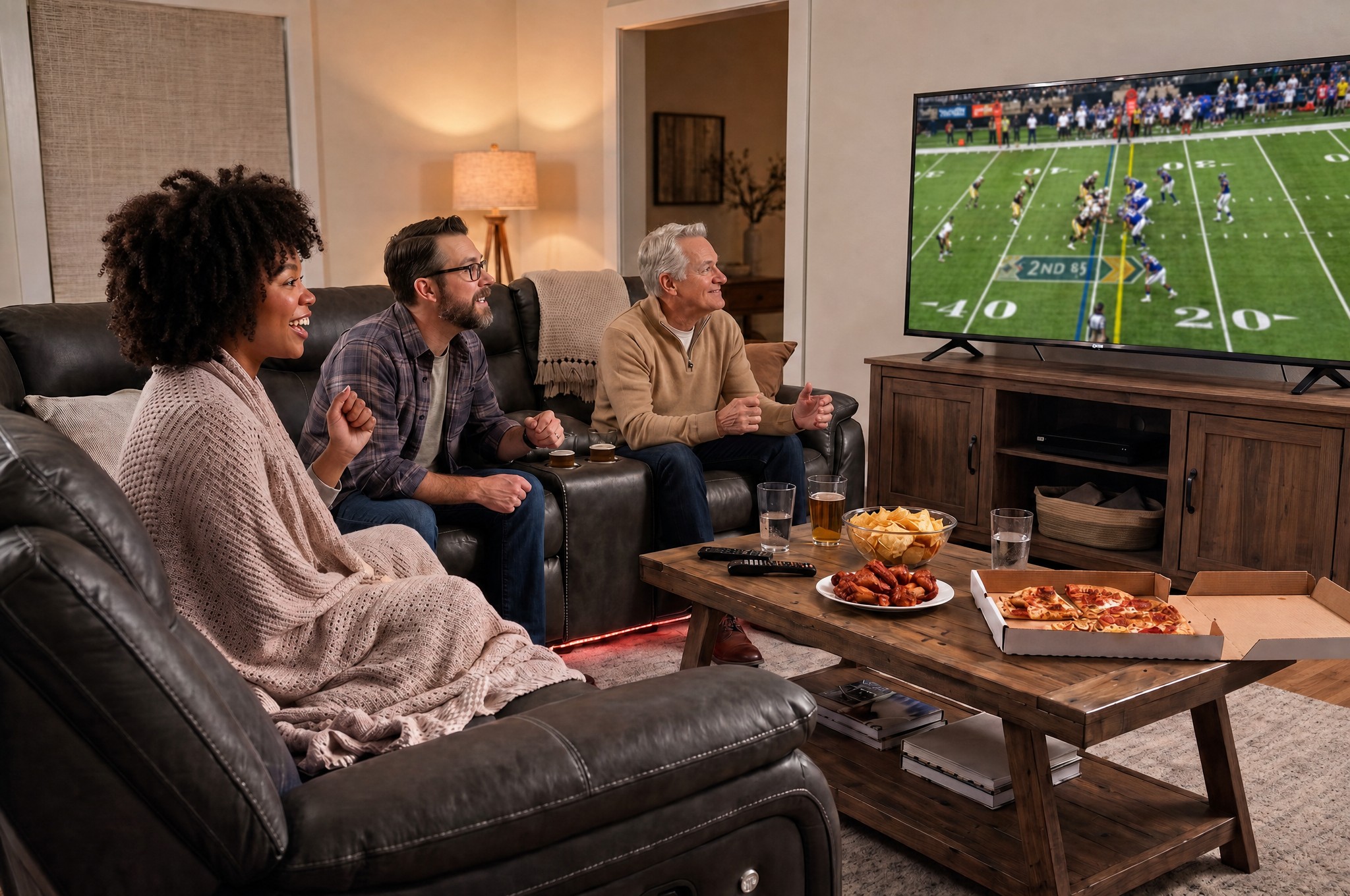 three people on a sofa with led lit base watching football came with pizza and wings on the coffee table