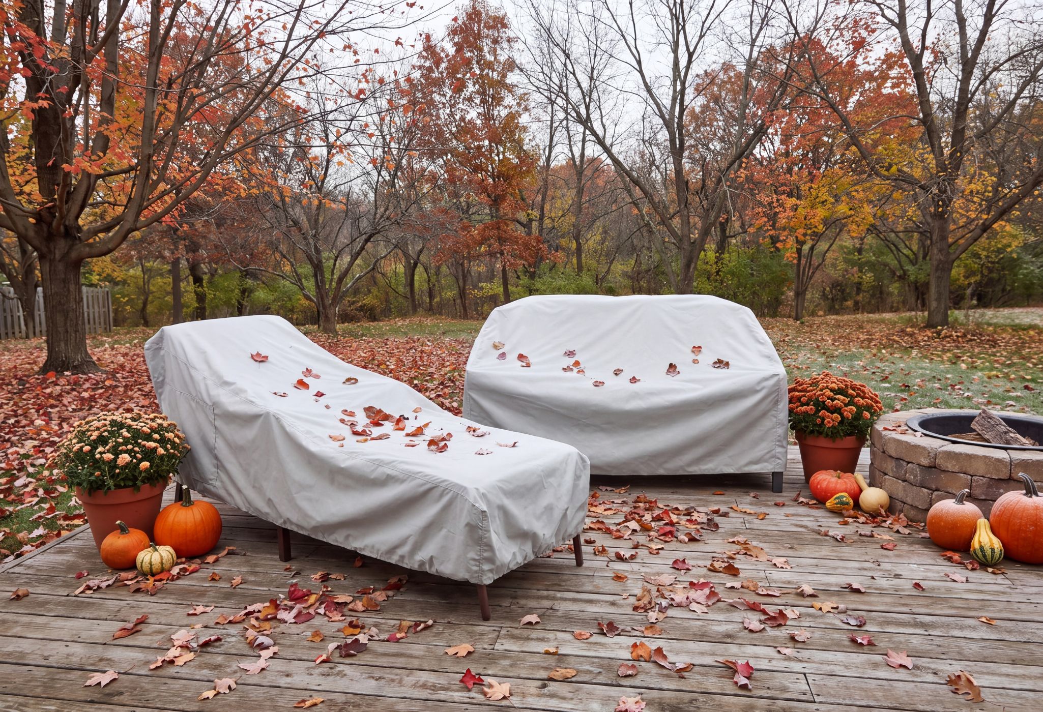 outdoor sofa and lounge chair covered in patio furniture coverings in a cold, fall scene